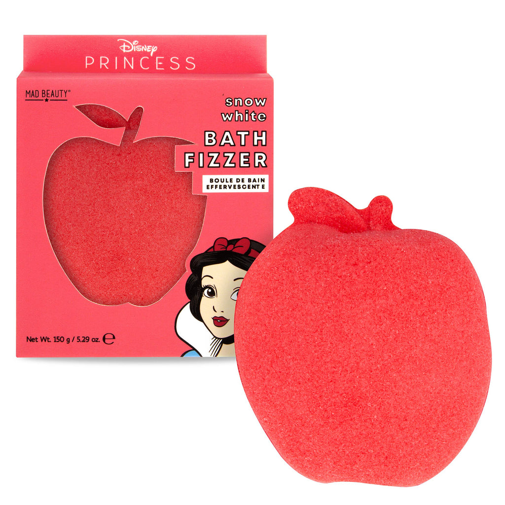 Red bath fizzer shaped like an apple with Snow White packaging on a white background