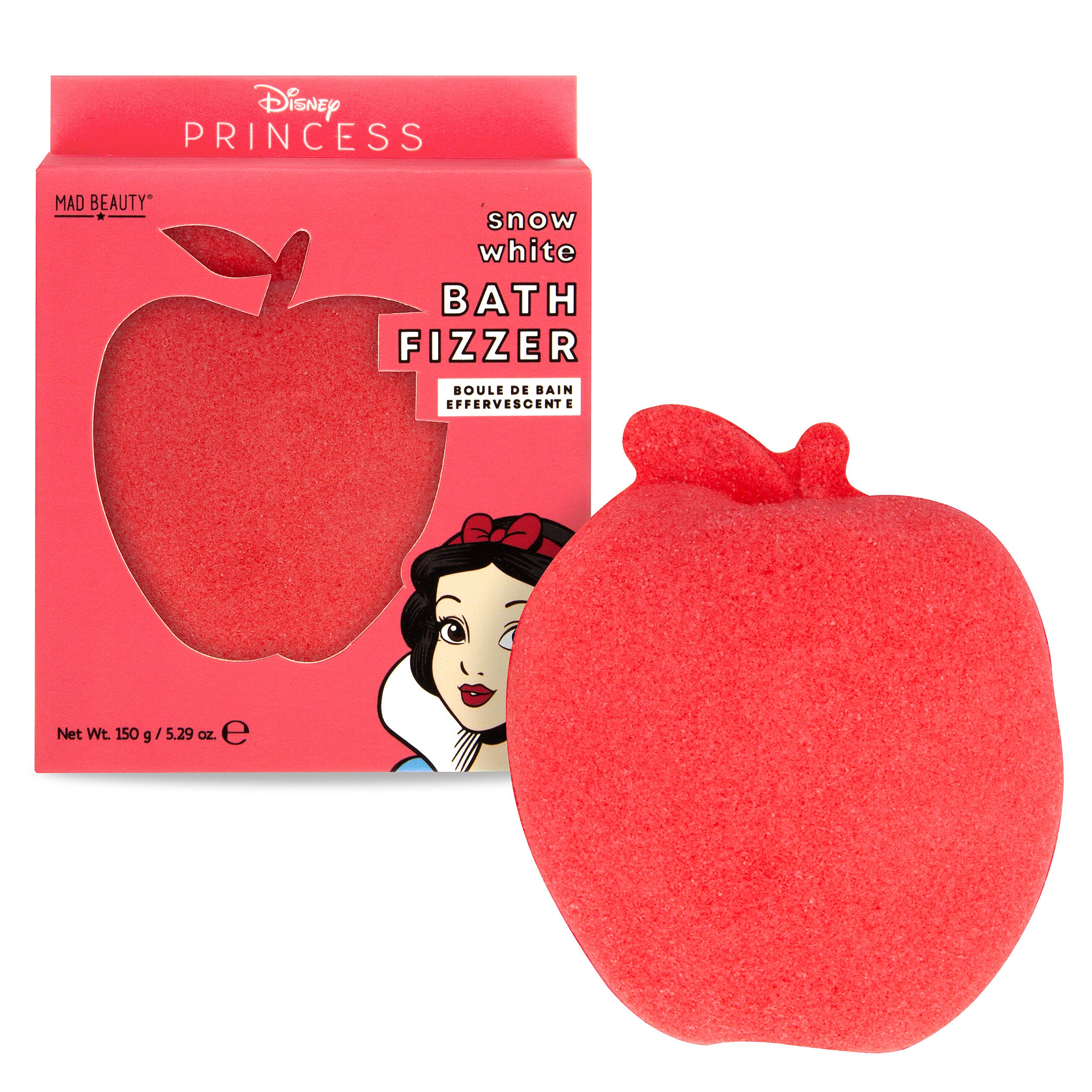 Red bath fizzer shaped like an apple with Snow White packaging on a white background