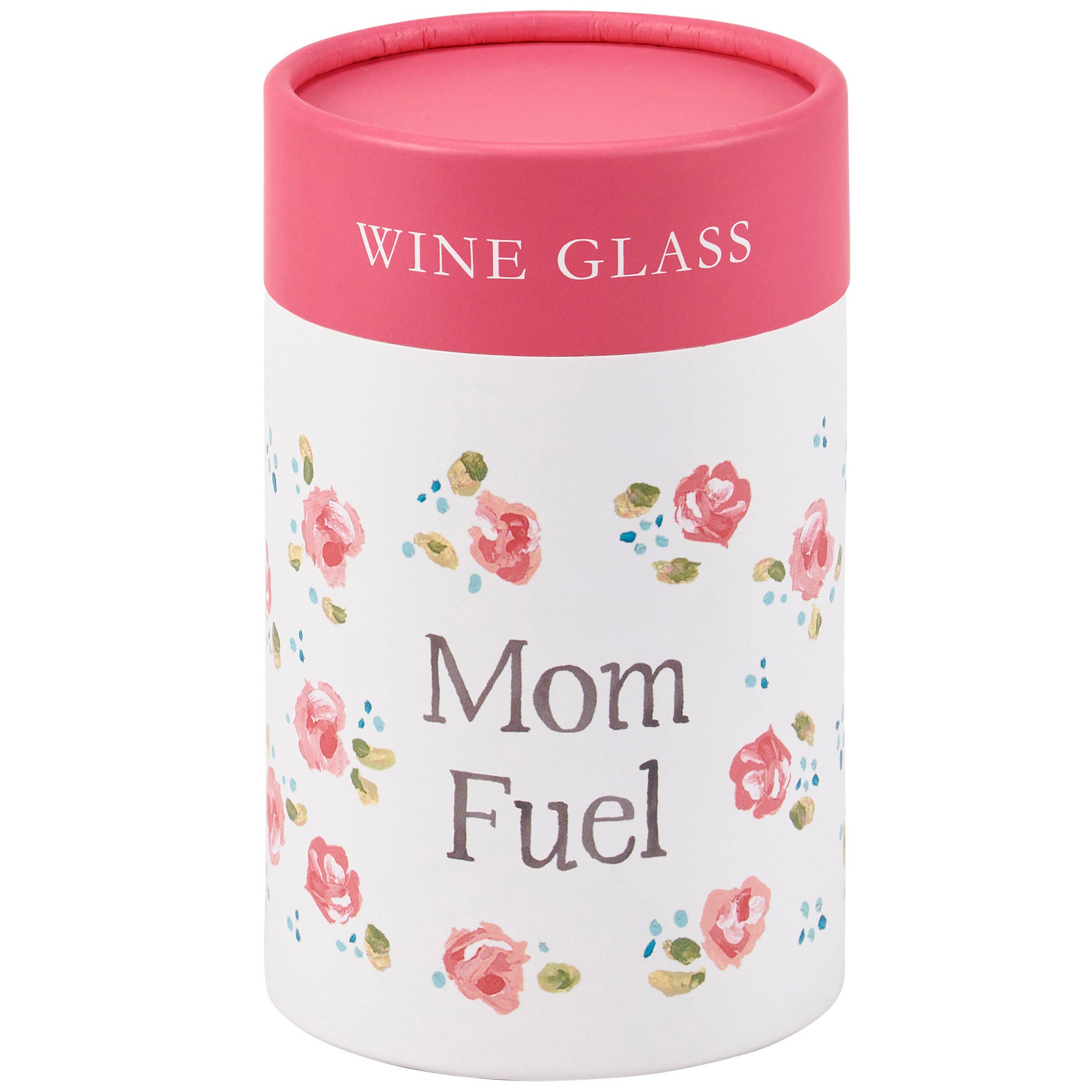 Canister labeled 'Mom Fuel' with floral design and pink lid on a white background