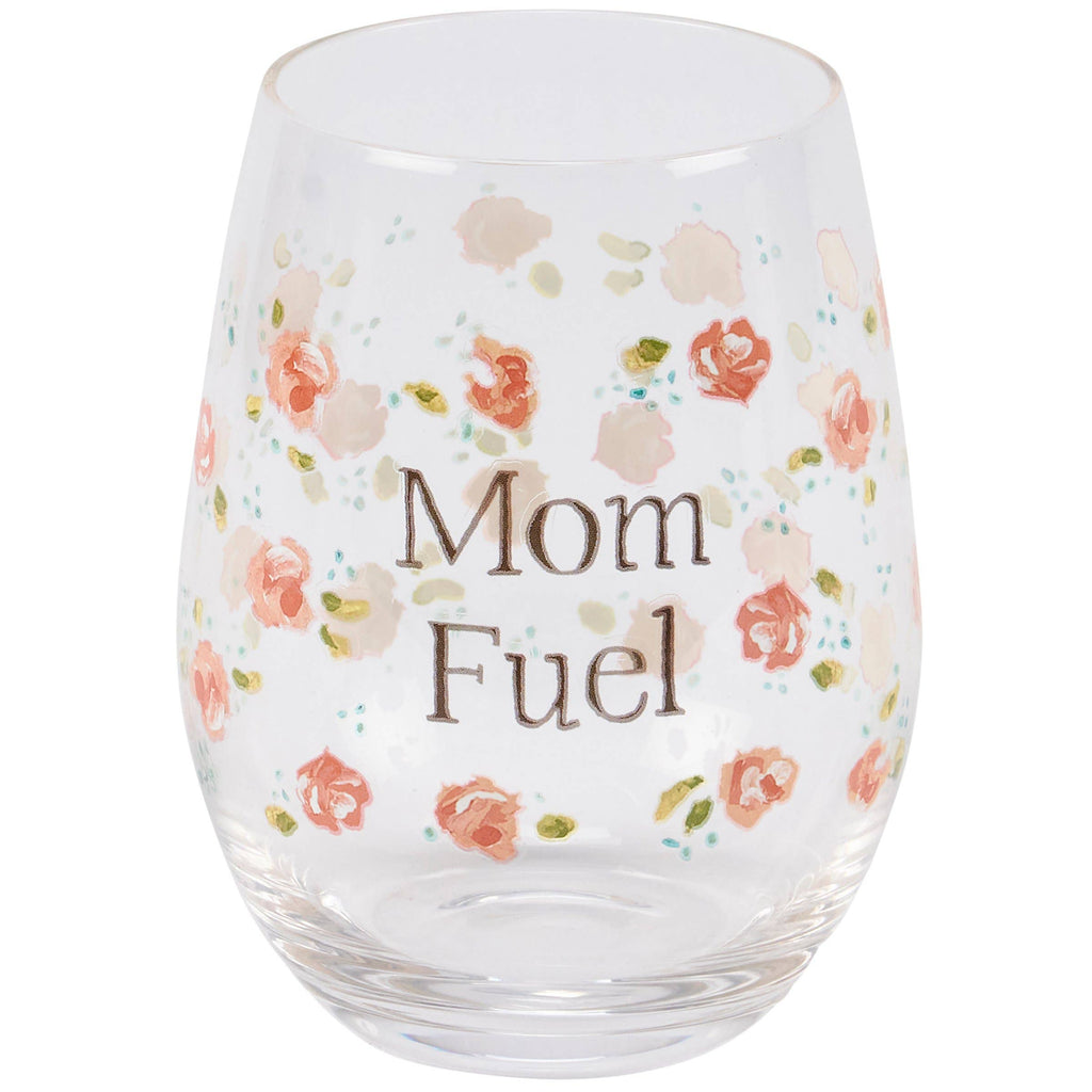 Clear glass tumbler with floral design and 'Mom Fuel' text on a white background