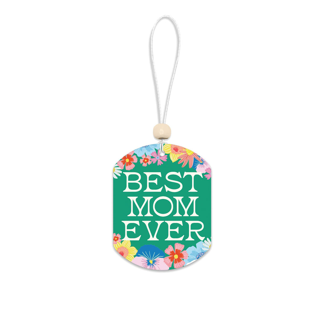 Round green car air freshener with floral designs and 'Best Mom Ever' text on a white background