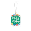 Round green car air freshener with floral designs and 'Best Mom Ever' text on a white background