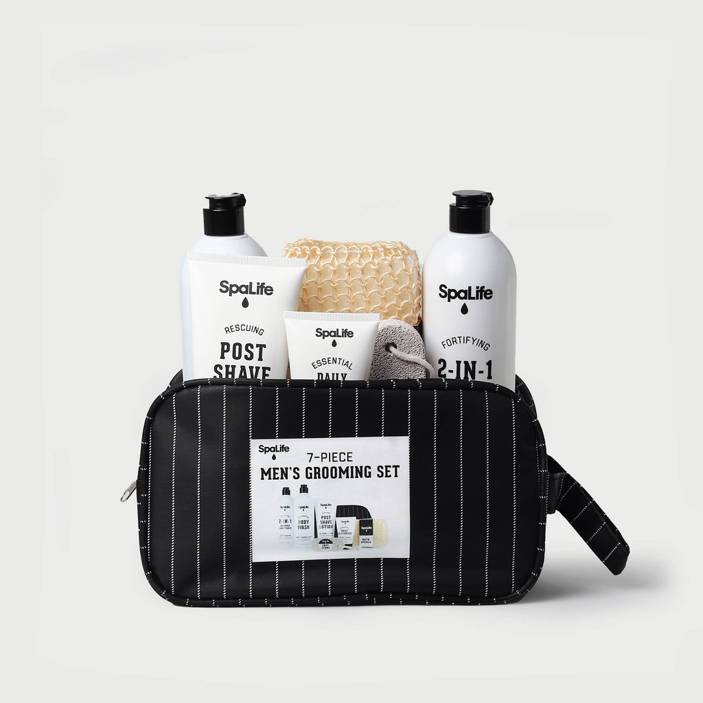 7-piece men's grooming set with SpaLife products in a black pinstripe bag on a light gray background.