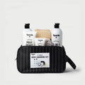 7-piece men's grooming set with SpaLife products in a black pinstripe bag on a light gray background.