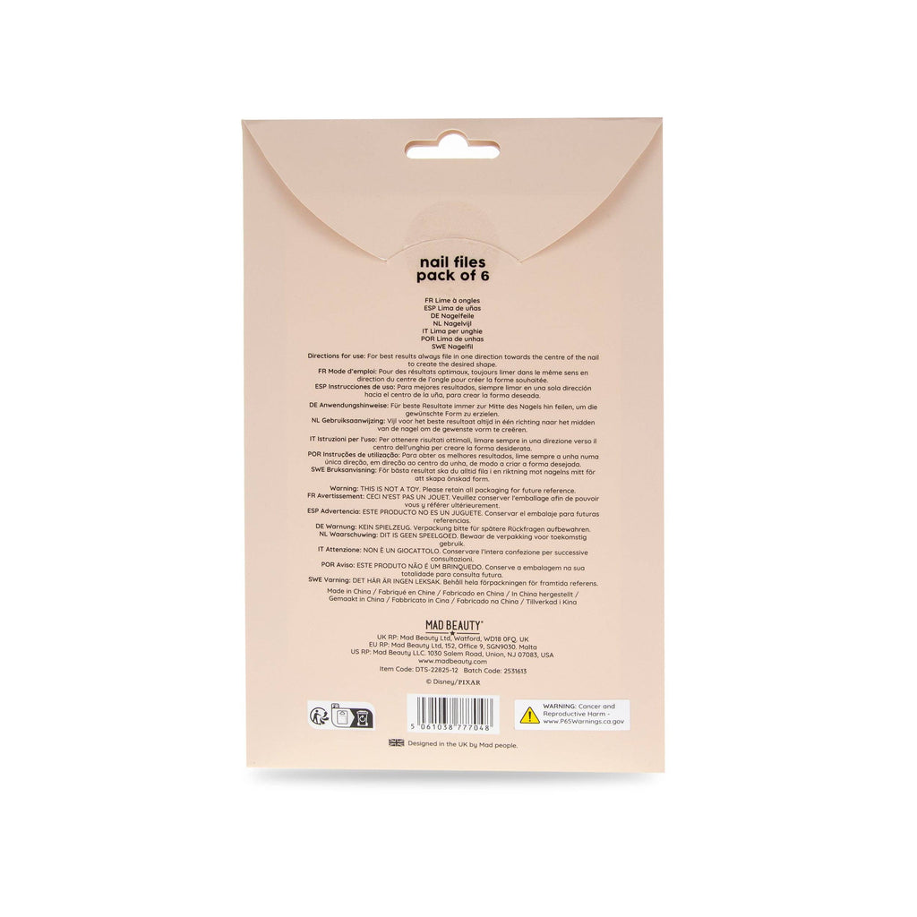 Back of a nail file packaging with text and branding on a beige background