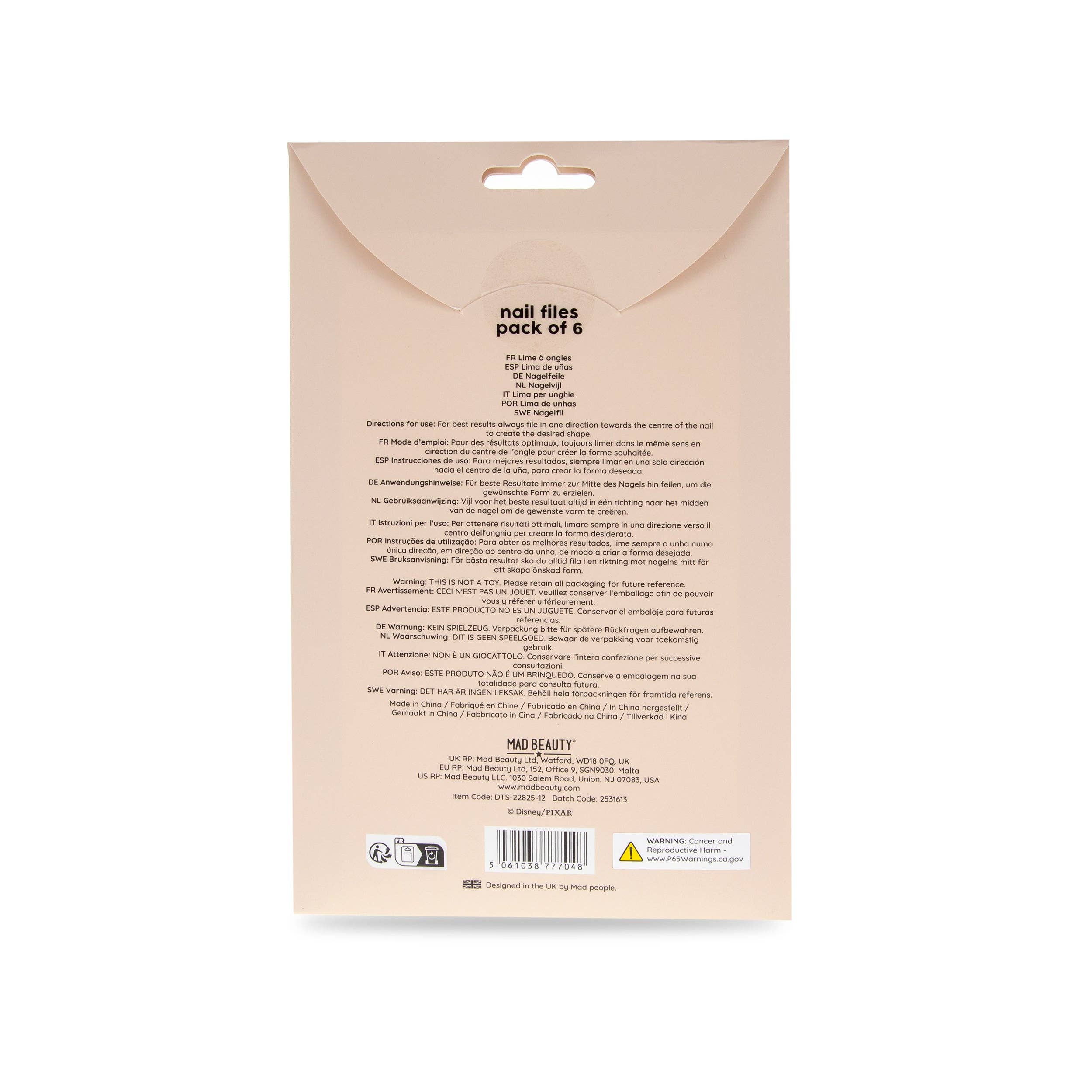 Back of a nail file packaging with text and branding on a beige background