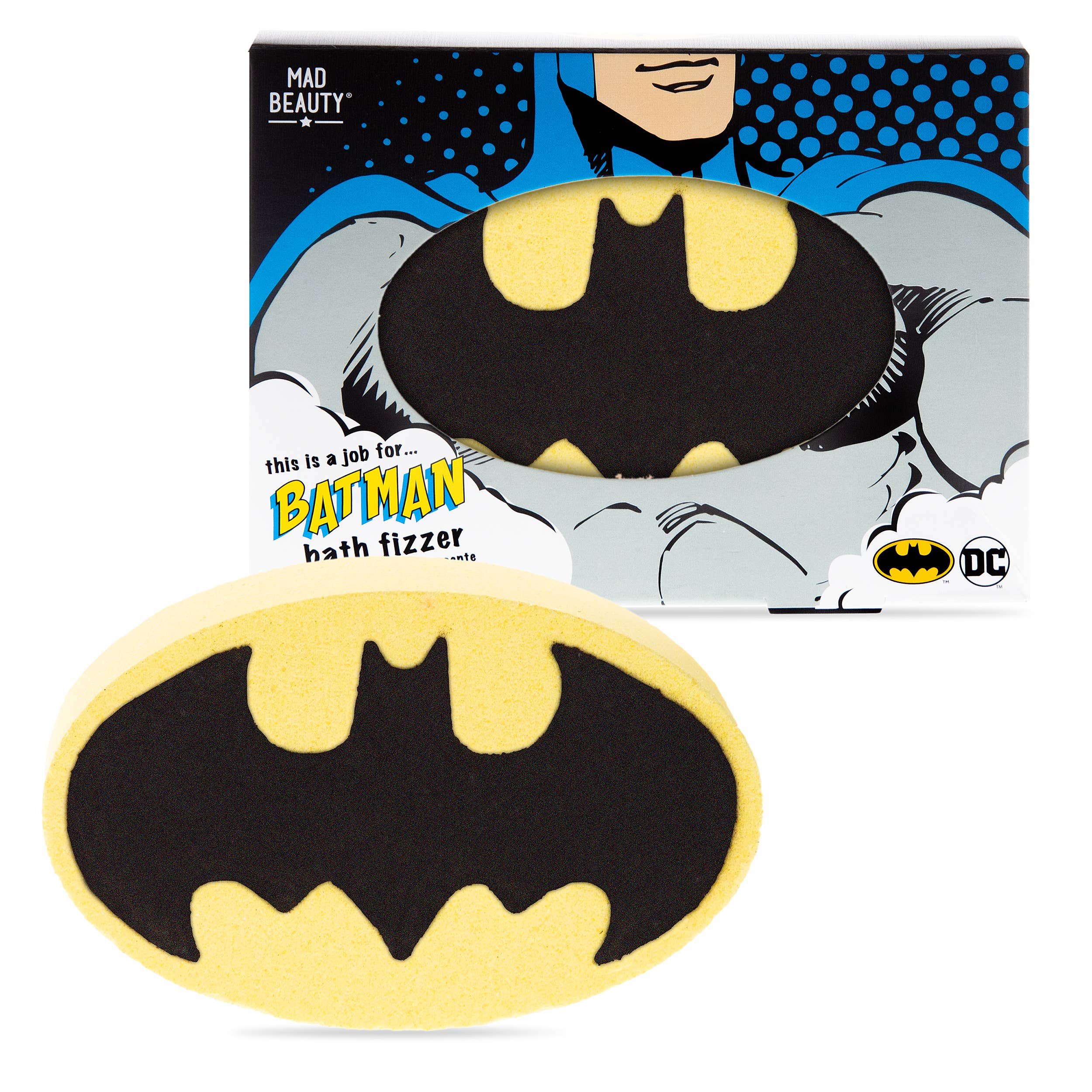 Batman bath fizzer with packaging featuring the Batman logo and branding.