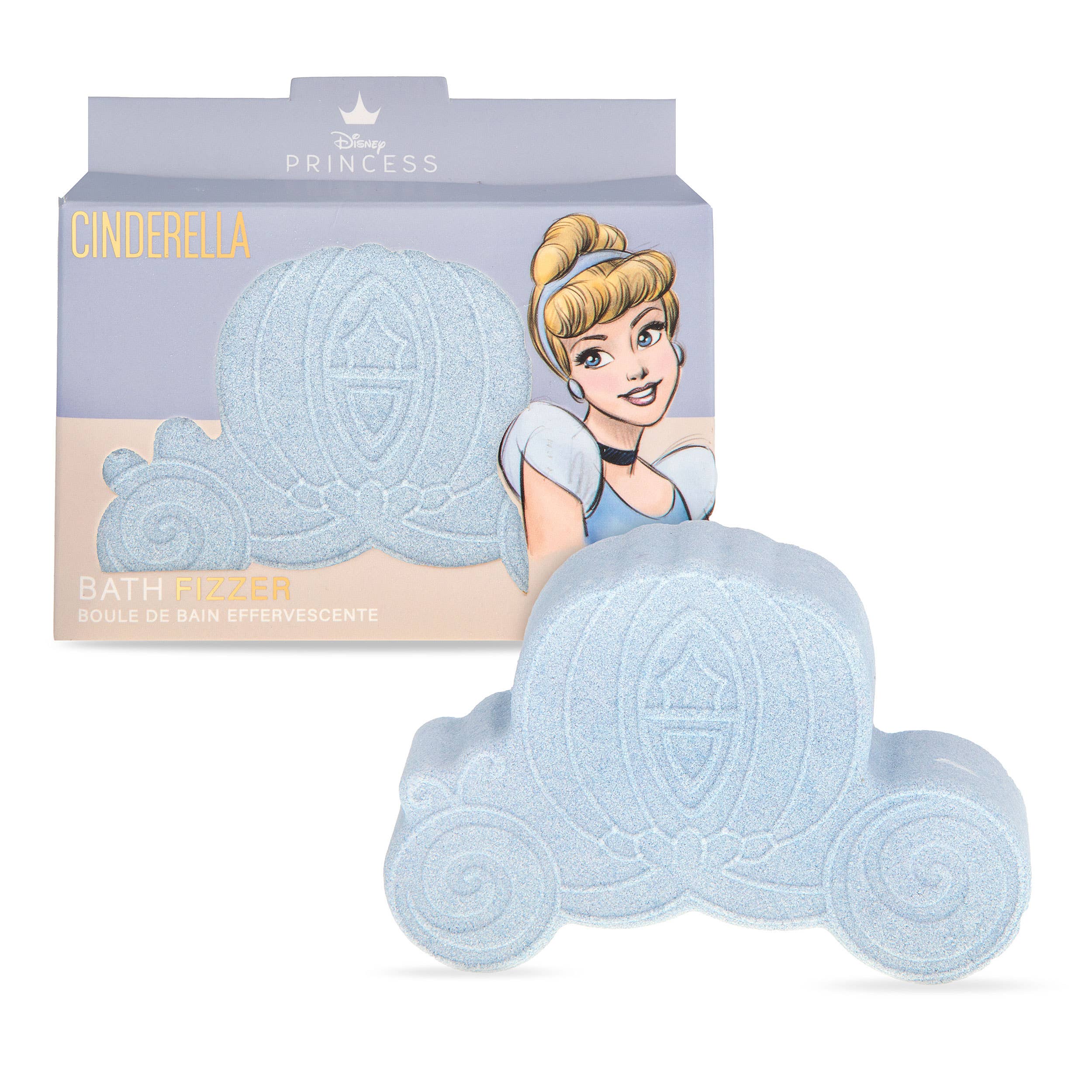 Cinderella bath bomb with packaging against a white background 