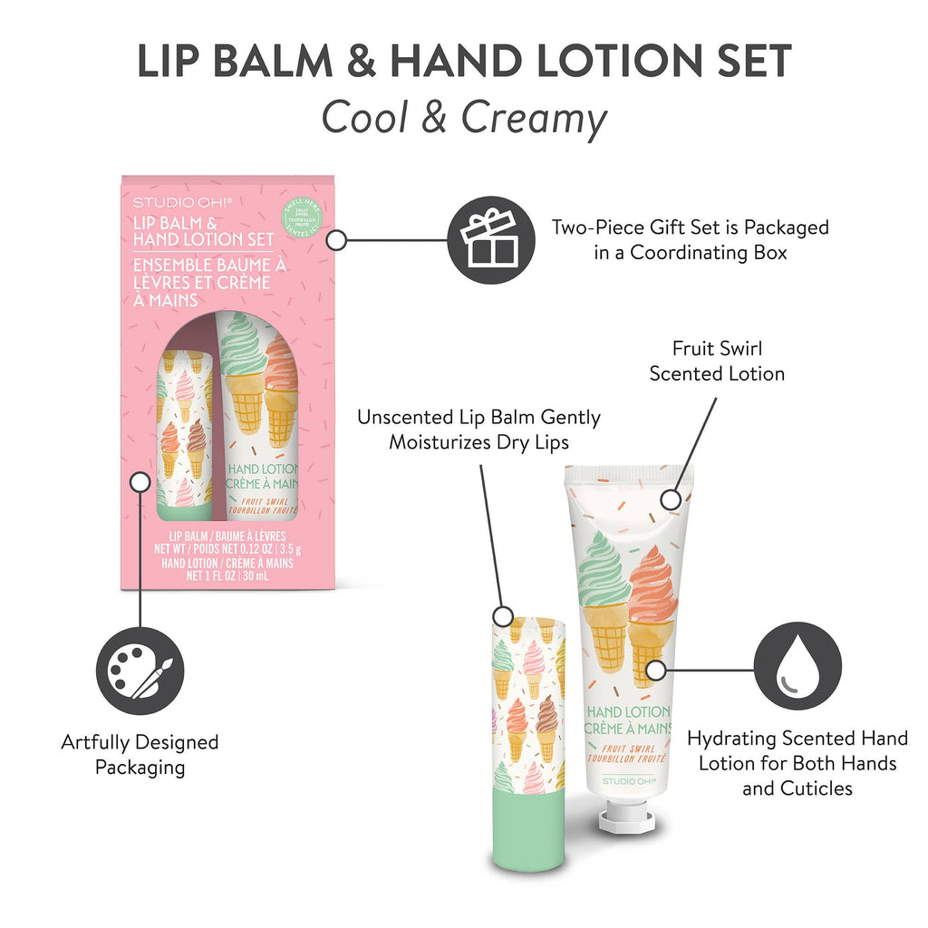 Lip balm and hand lotion set with packaging and product details on a white background