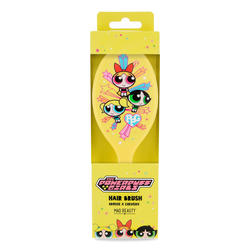Hair brush packaging with Powerpuff Girls design on a yellow background