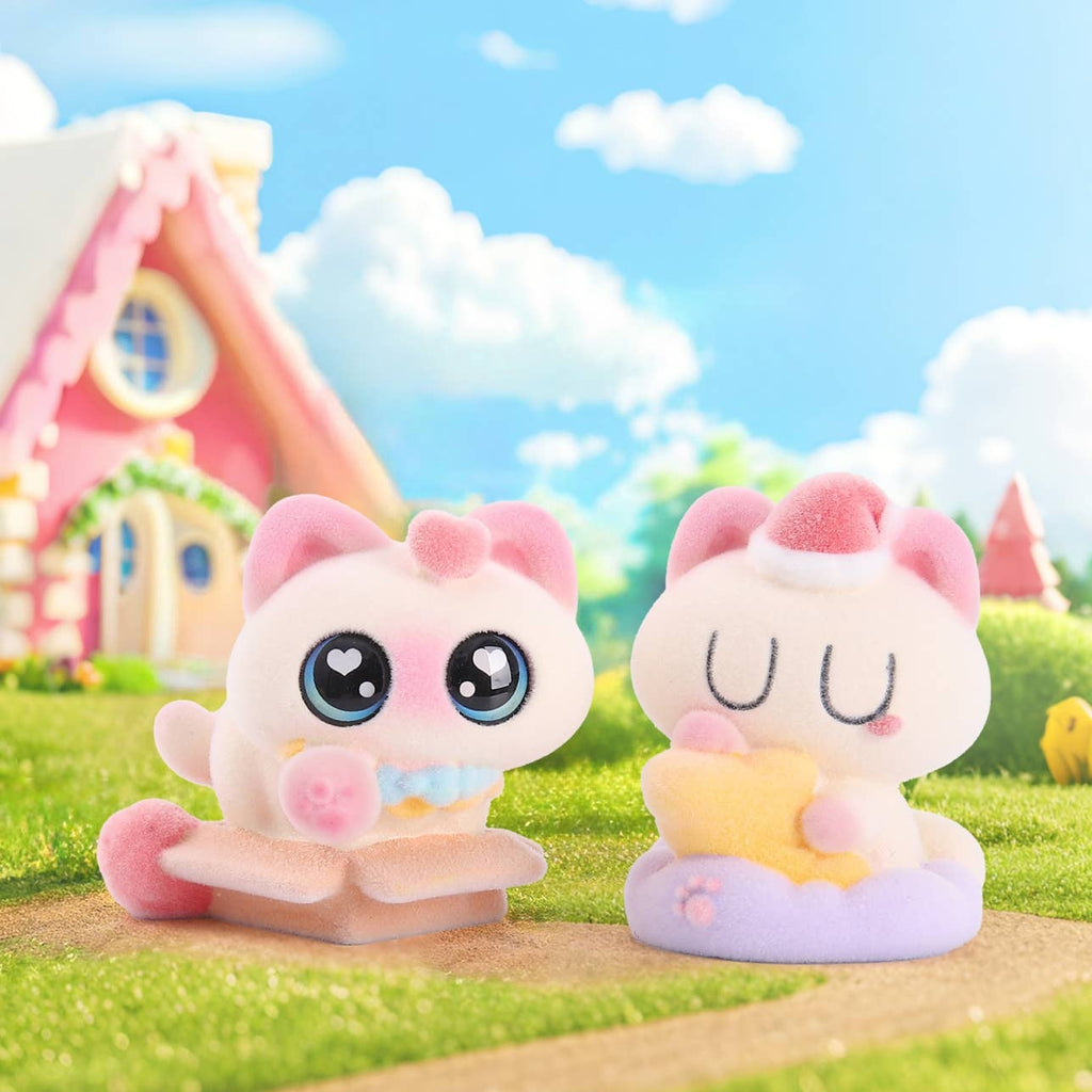 Two cartoon-like figures with pink hair in a whimsical outdoor setting with a colorful house.