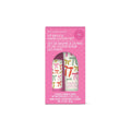 Lip balm and hand lotion set in pink packaging with festive designs on a white background