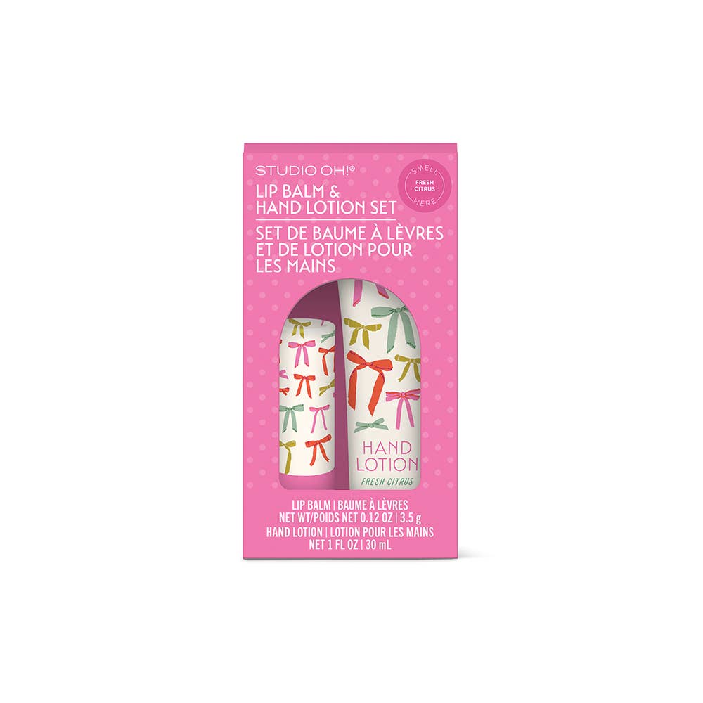 Lip balm and hand lotion set in pink packaging with festive designs on a white background