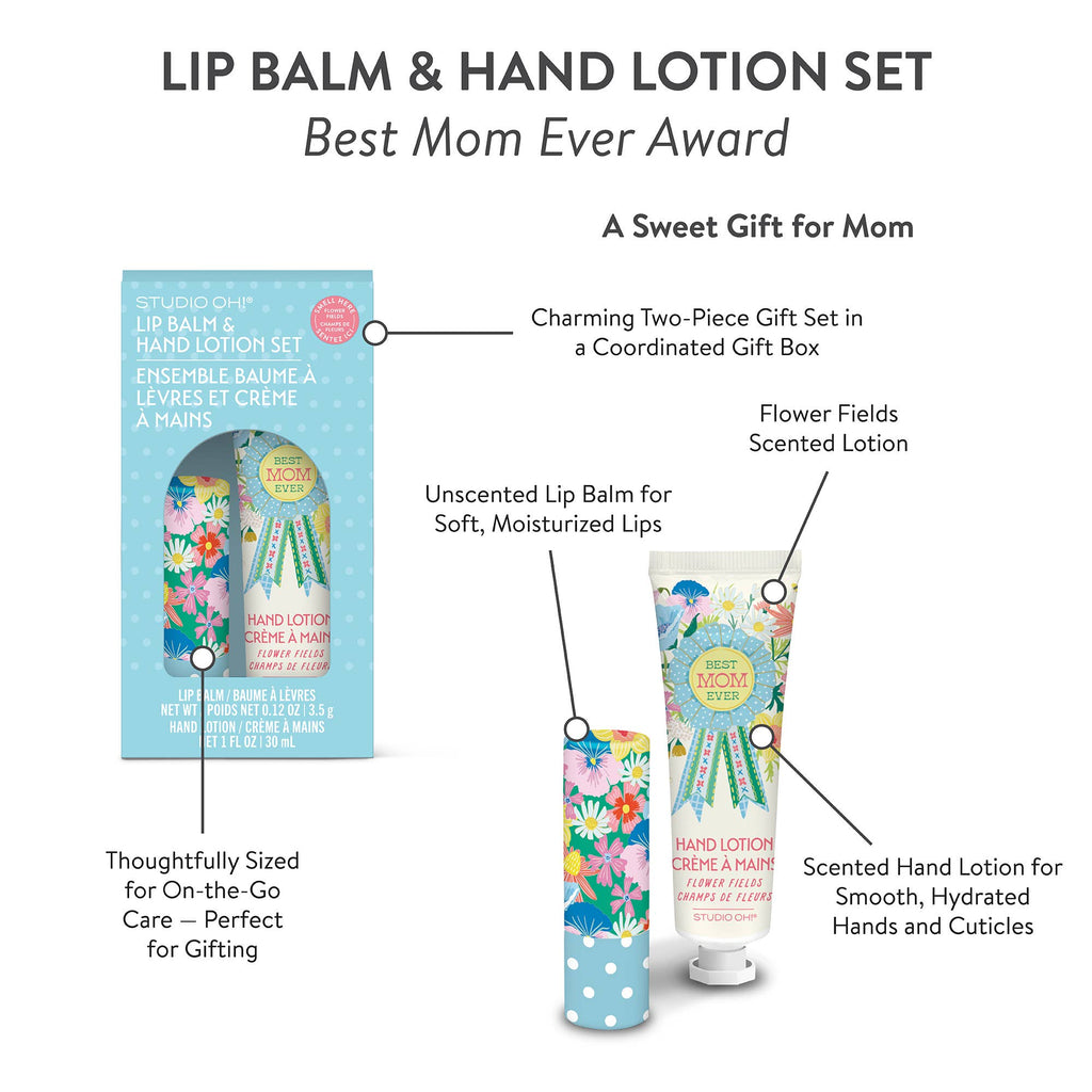 Lip balm and hand lotion set with packaging labeled 'Best Mom Ever Award' on a white background.