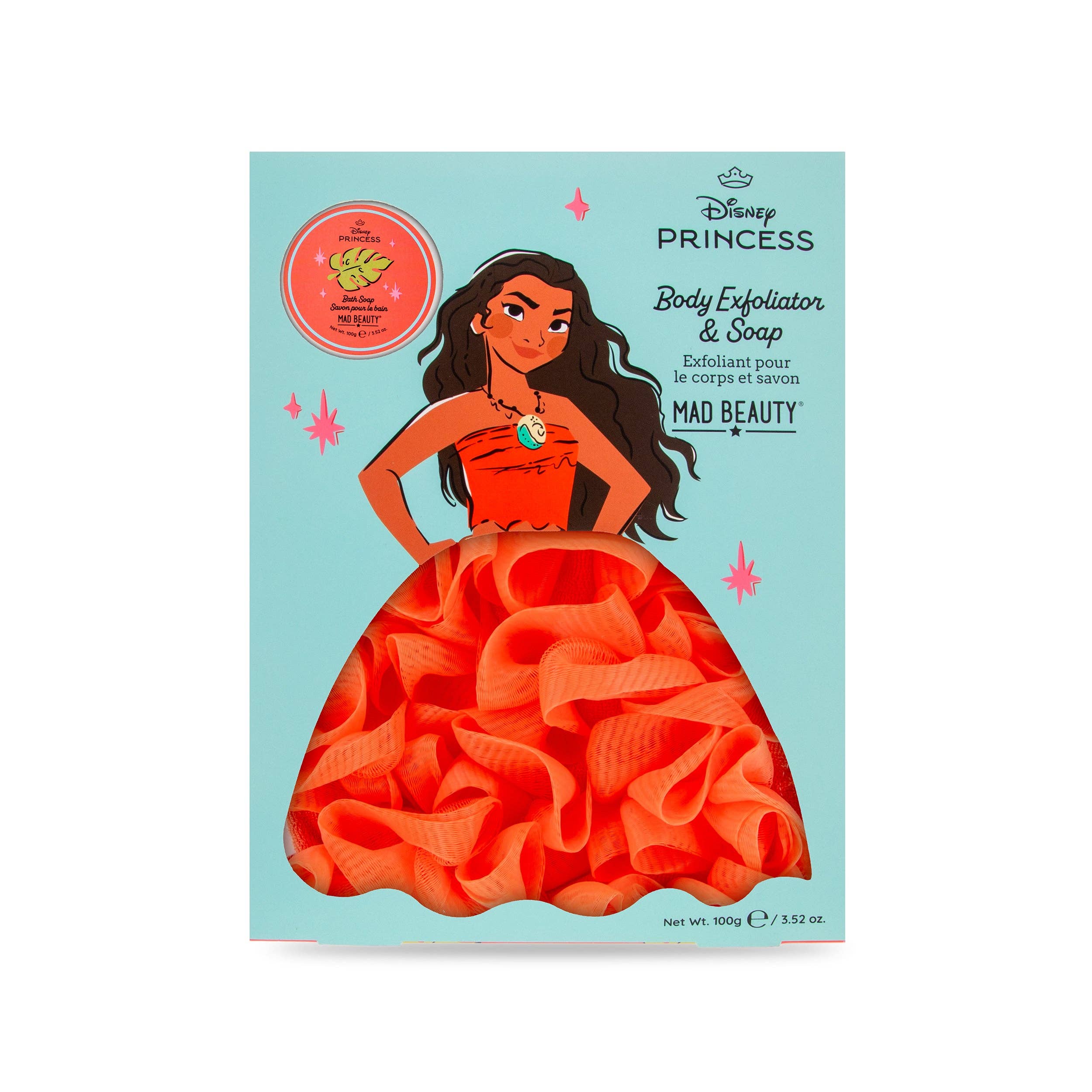 Disney Princess body exfoliator and soap packaging with a character in a red dress on a light blue background.