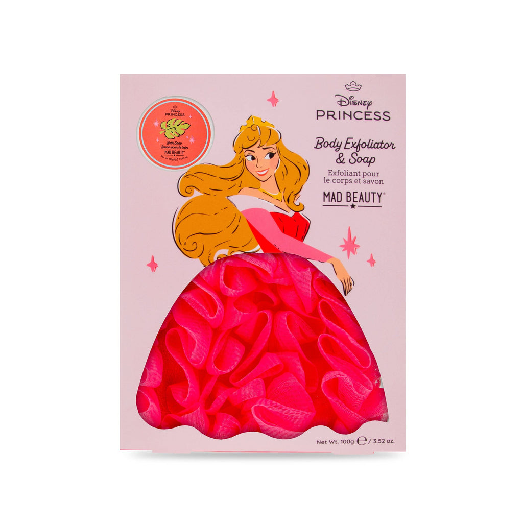 Disney Princess body exfoliator and soap packaging with a character on a pink background