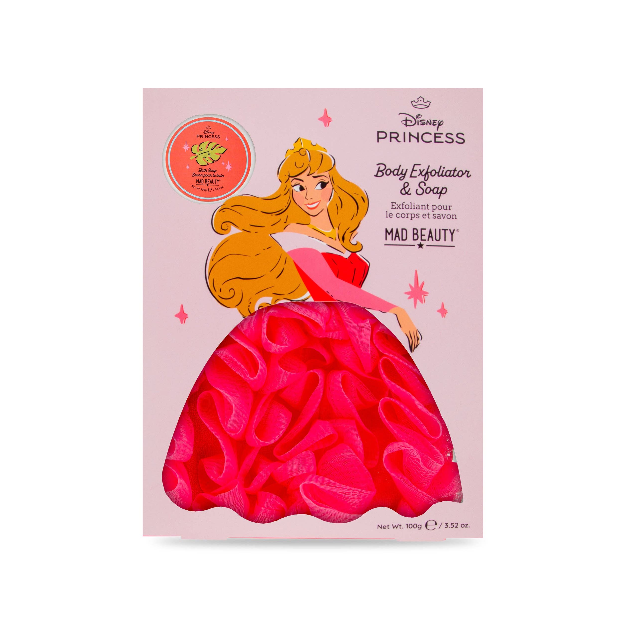 Disney Princess body exfoliator and soap packaging with a character on a pink background