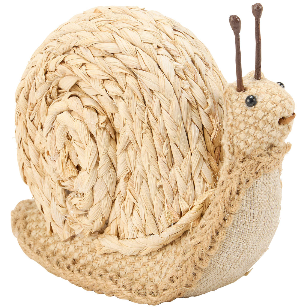 Woven snail sculpture on a white background