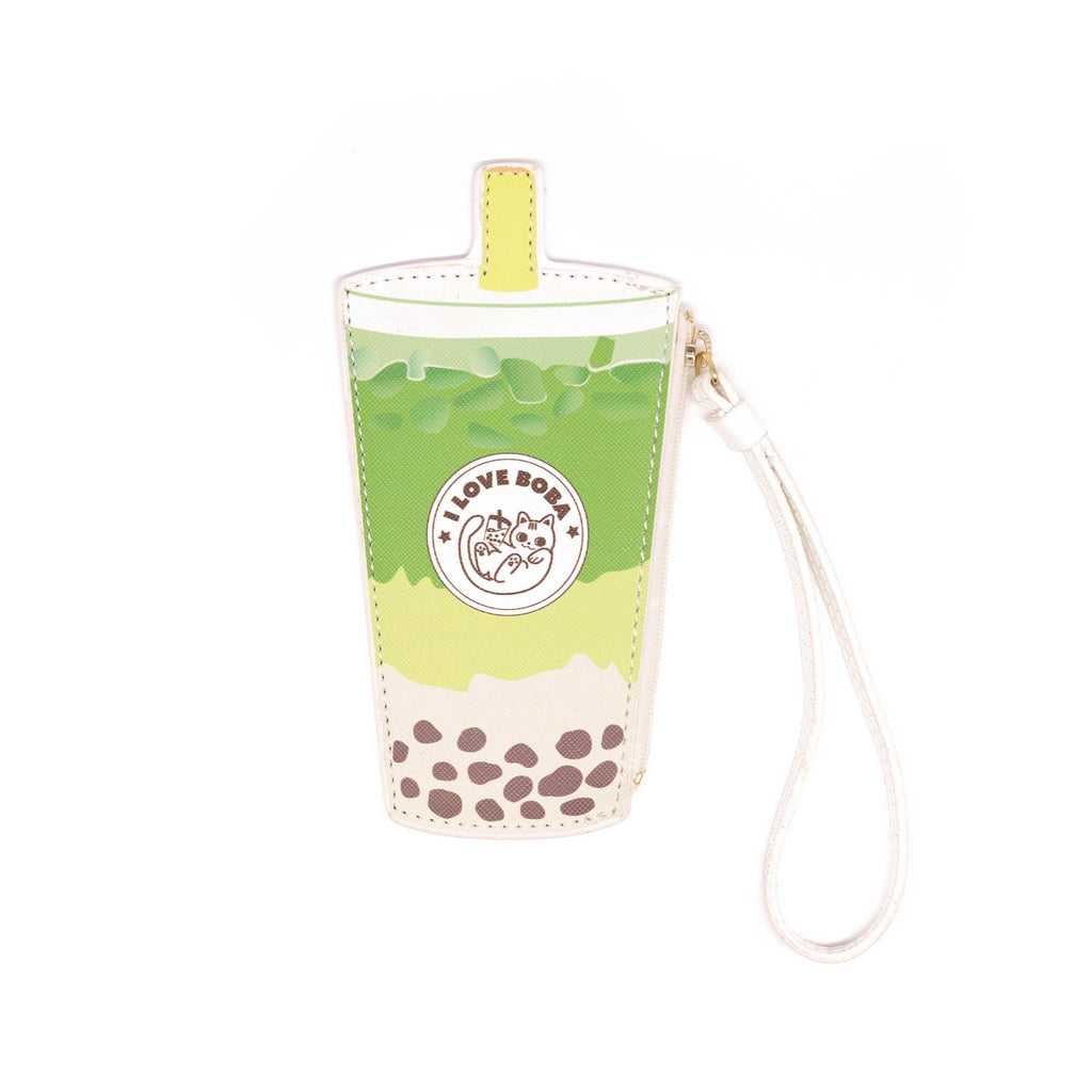Green and white bubble tea-shaped pouch with a strap on a white background