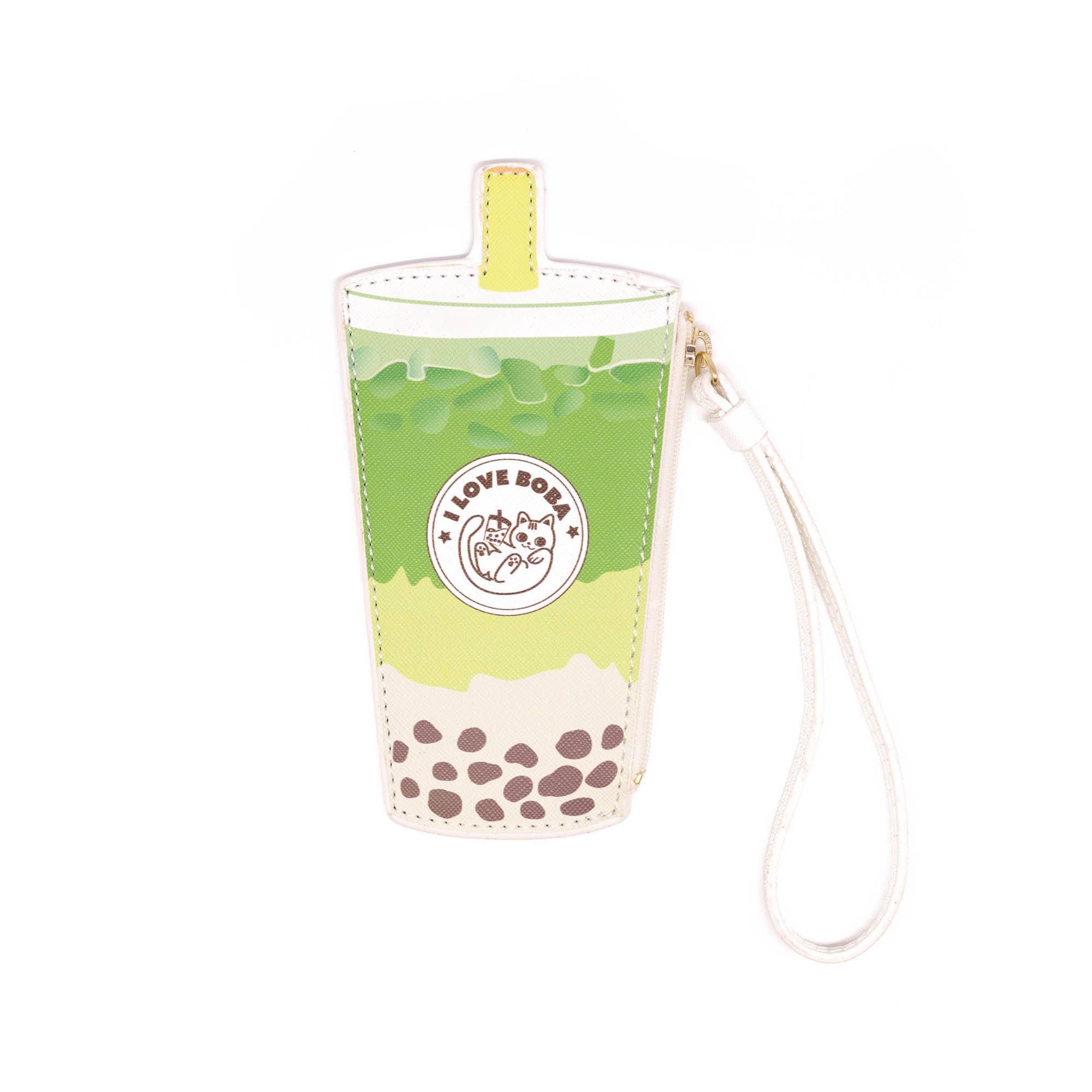 Green and white bubble tea-shaped pouch with a strap on a white background