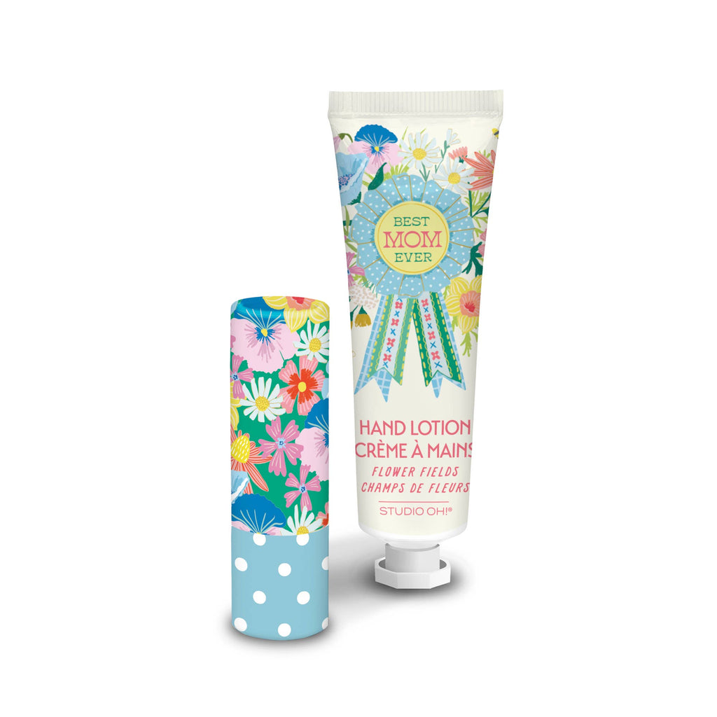 Hand lotion and hand cream with floral designs and 'Best Mom Ever' text on a white background