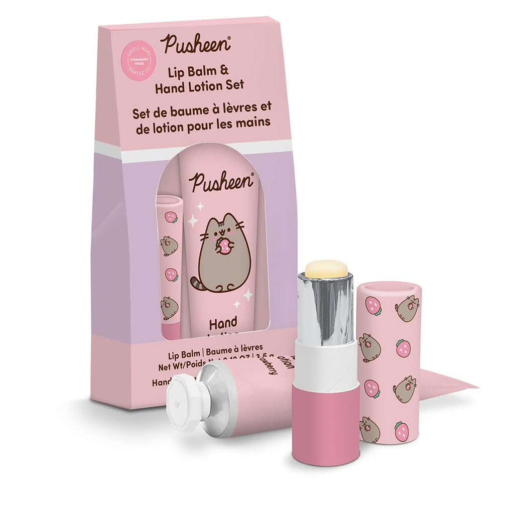 Pusheen lip balm and hand lotion set with packaging on a white background