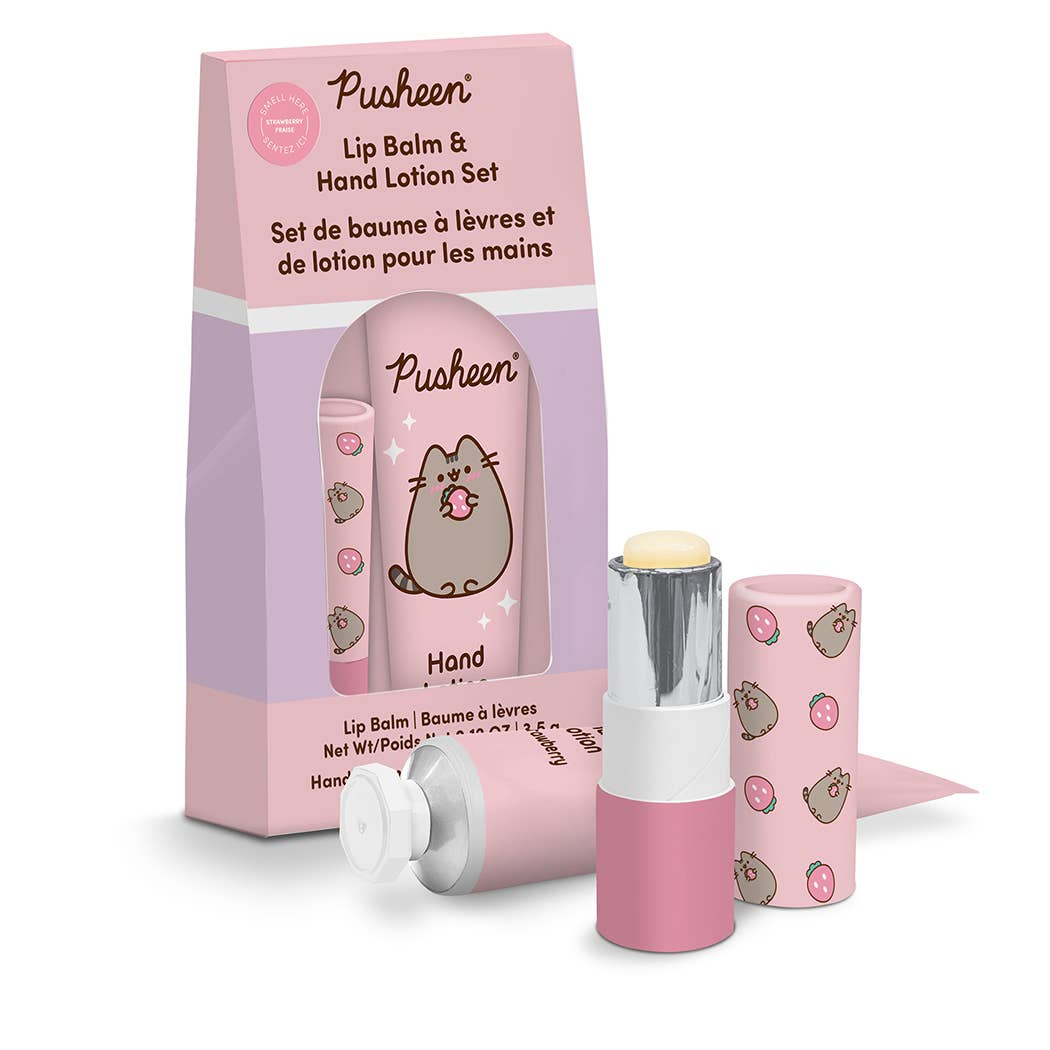 Pusheen lip balm and hand lotion set with packaging on a white background