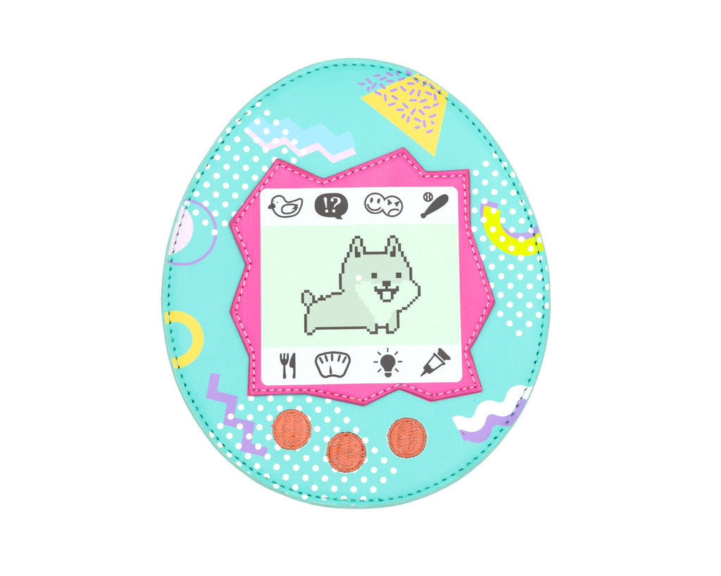 Blue virtual pet crossbody bag with a dog on it with a white background