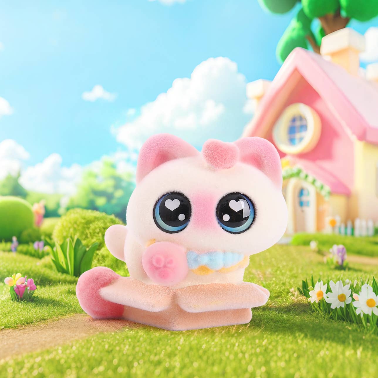 Cat figure with pink ears and blue eyes in a colorful outdoor setting with a house and flowers.