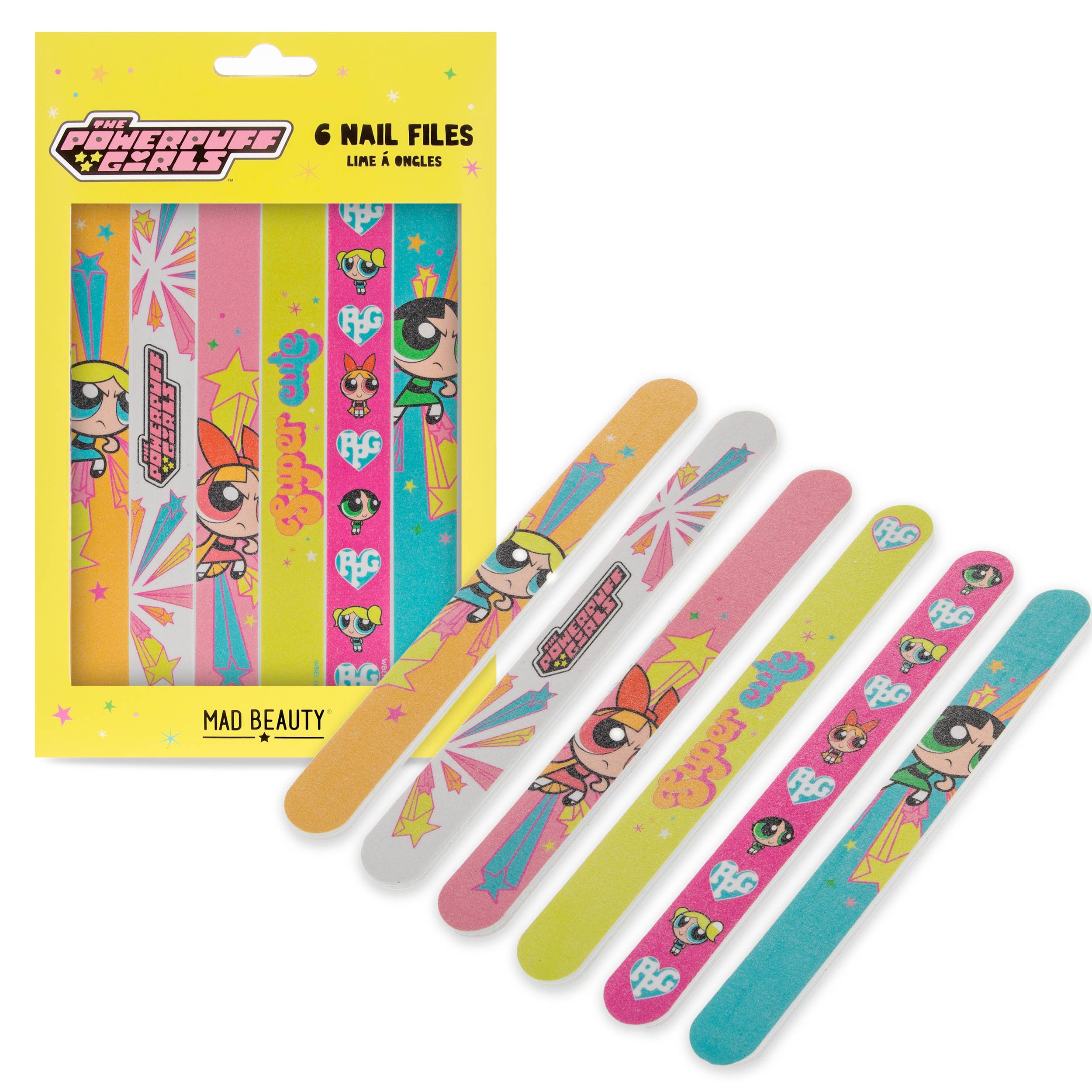 Set of Powerpuff Girls nail files with packaging on a white background