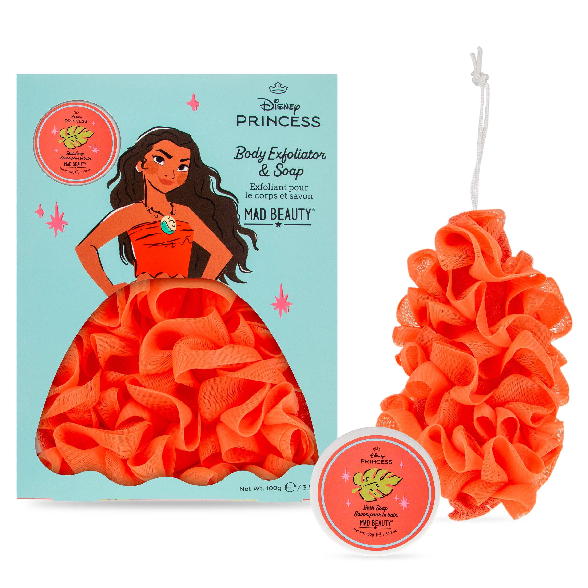 Disney Princess body exfoliator and soap set with packaging featuring a character in an orange dress.