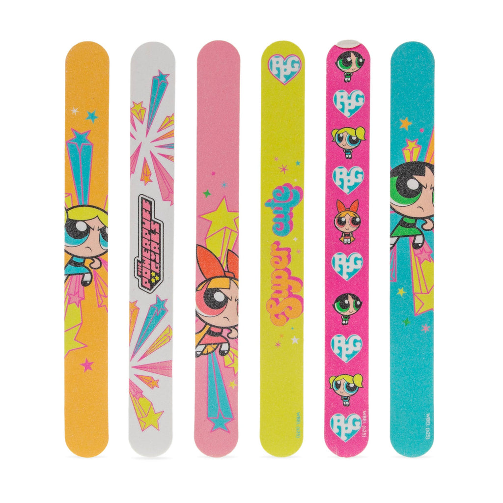 Set of colorful nail files with Powerpuff Girls design on a white background