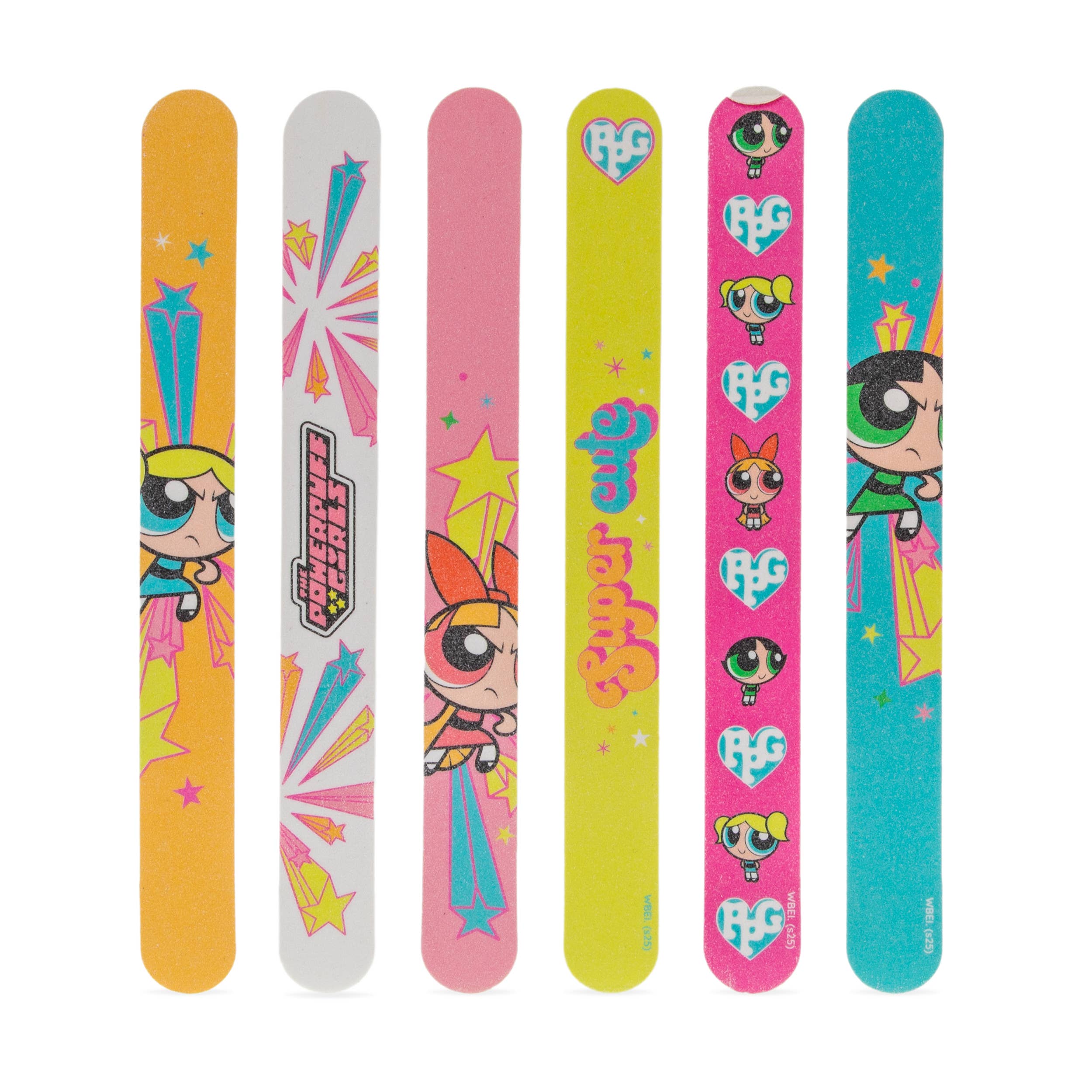 Set of colorful nail files with Powerpuff Girls design on a white background