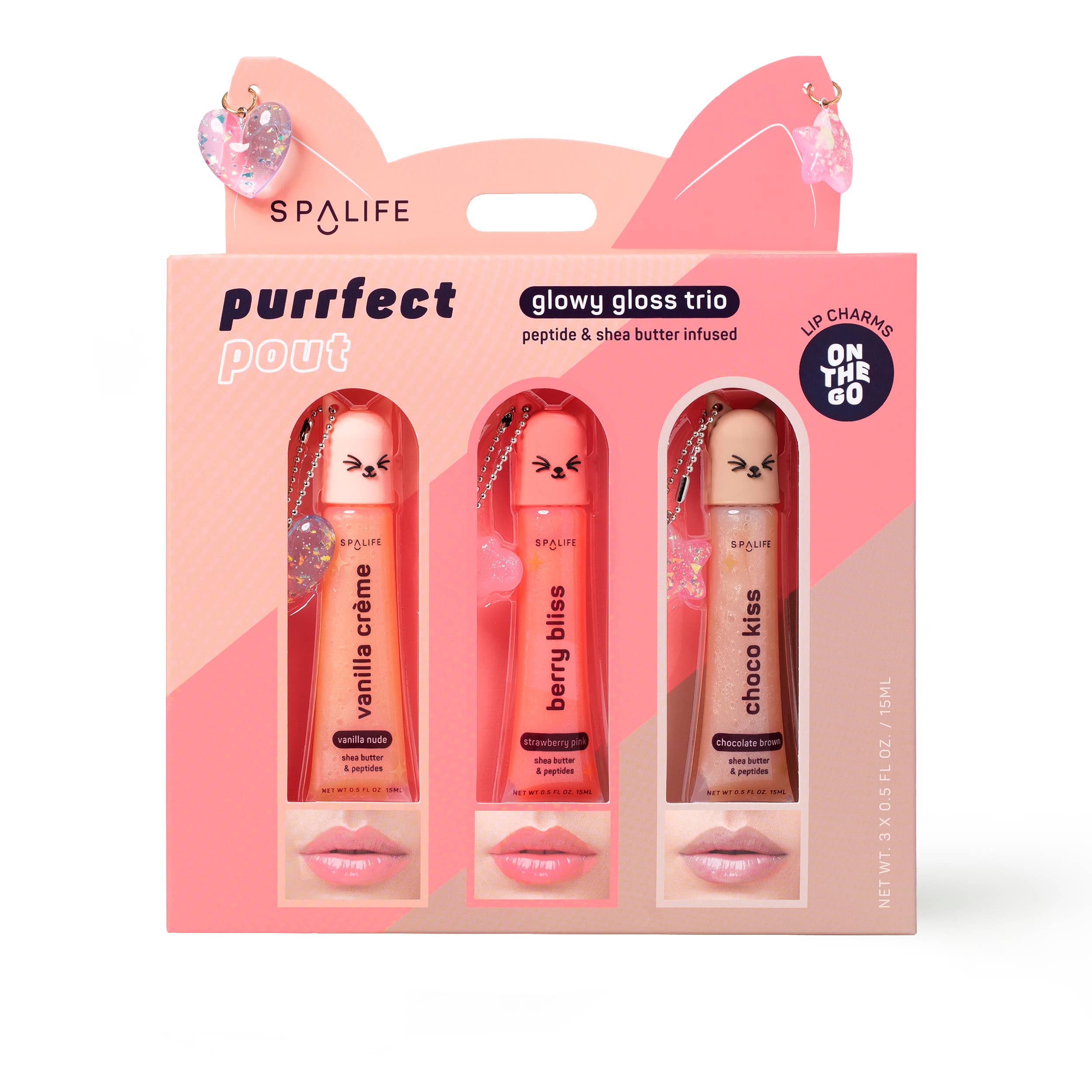 SpaLife purrfect pout glowy gloss trio packaging on a white background