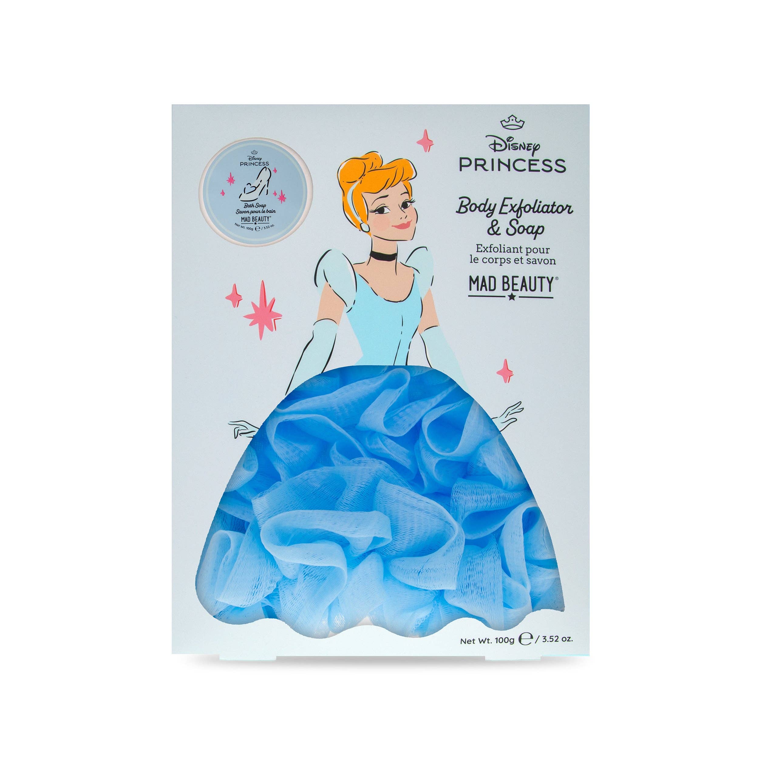 Disney Princess body exfoliator and soap packaging with Cinderella design on a light blue background.