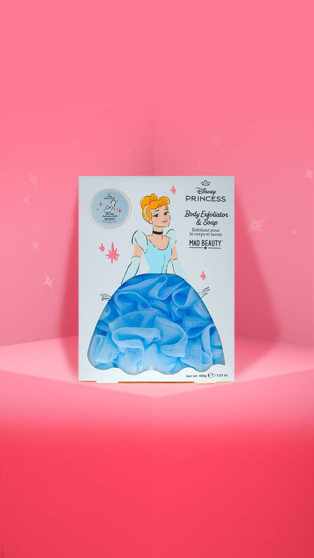 Product packaging with a character design on a pink background