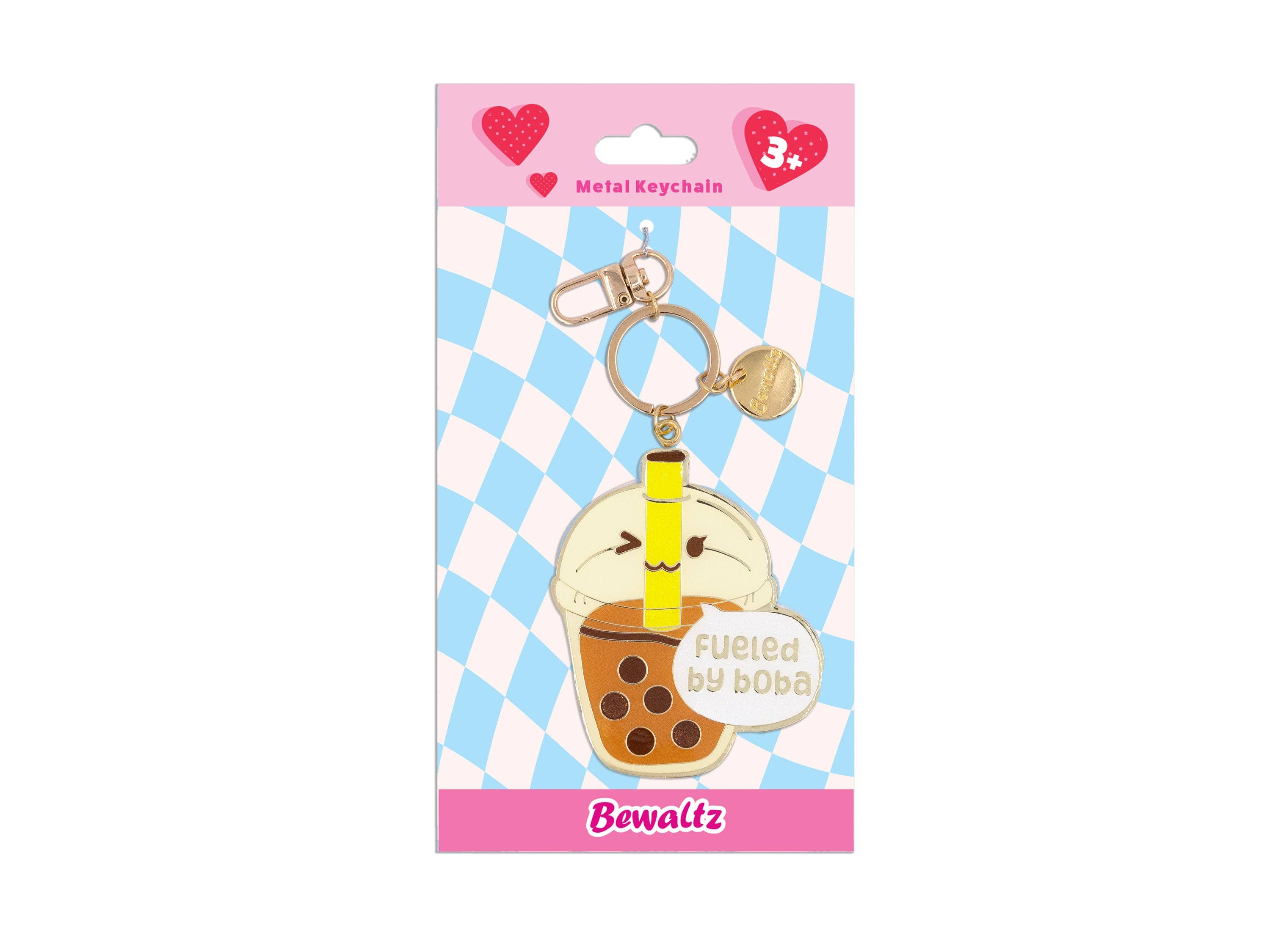 Keychain packaging with a cartoon bubble tea design on a checkered background