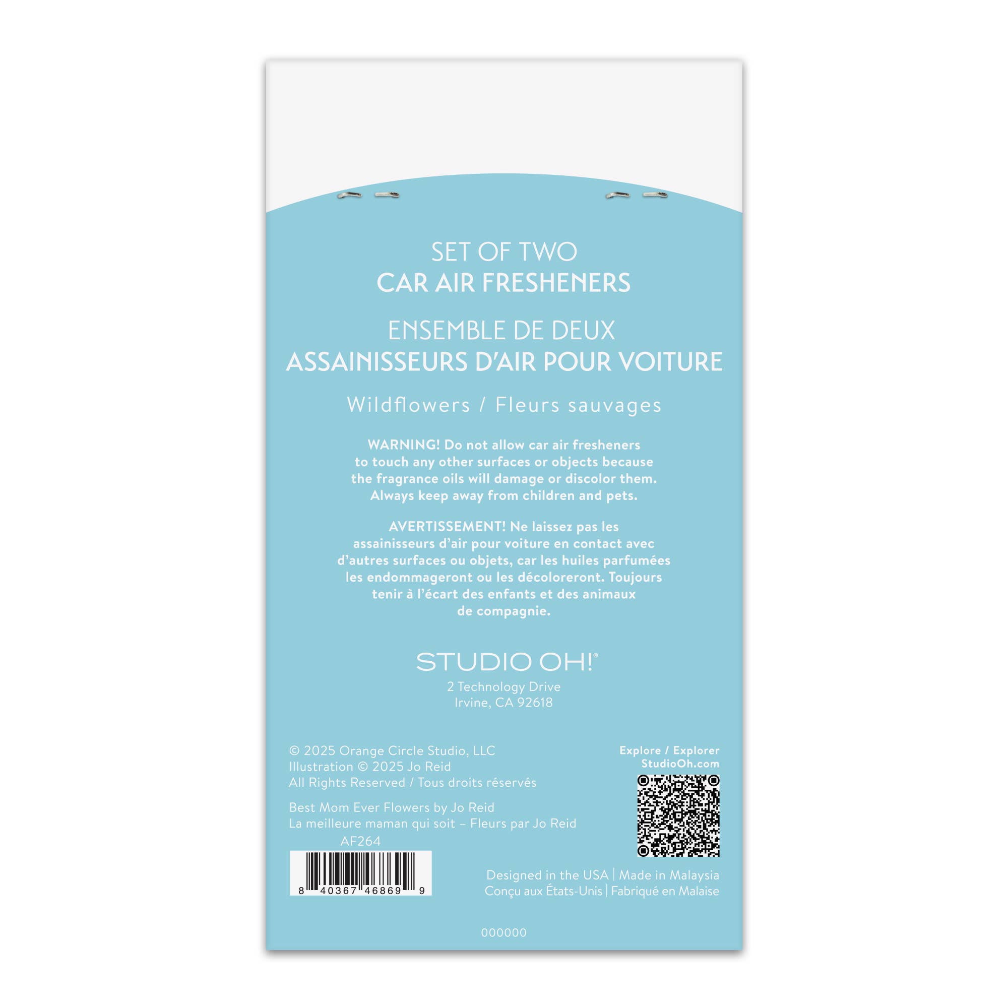 Back of a car air freshener packaging with text and branding.