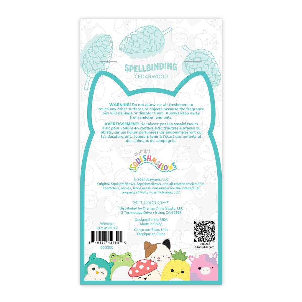 Squishmallows product packaging with character illustrations and branding on a white background