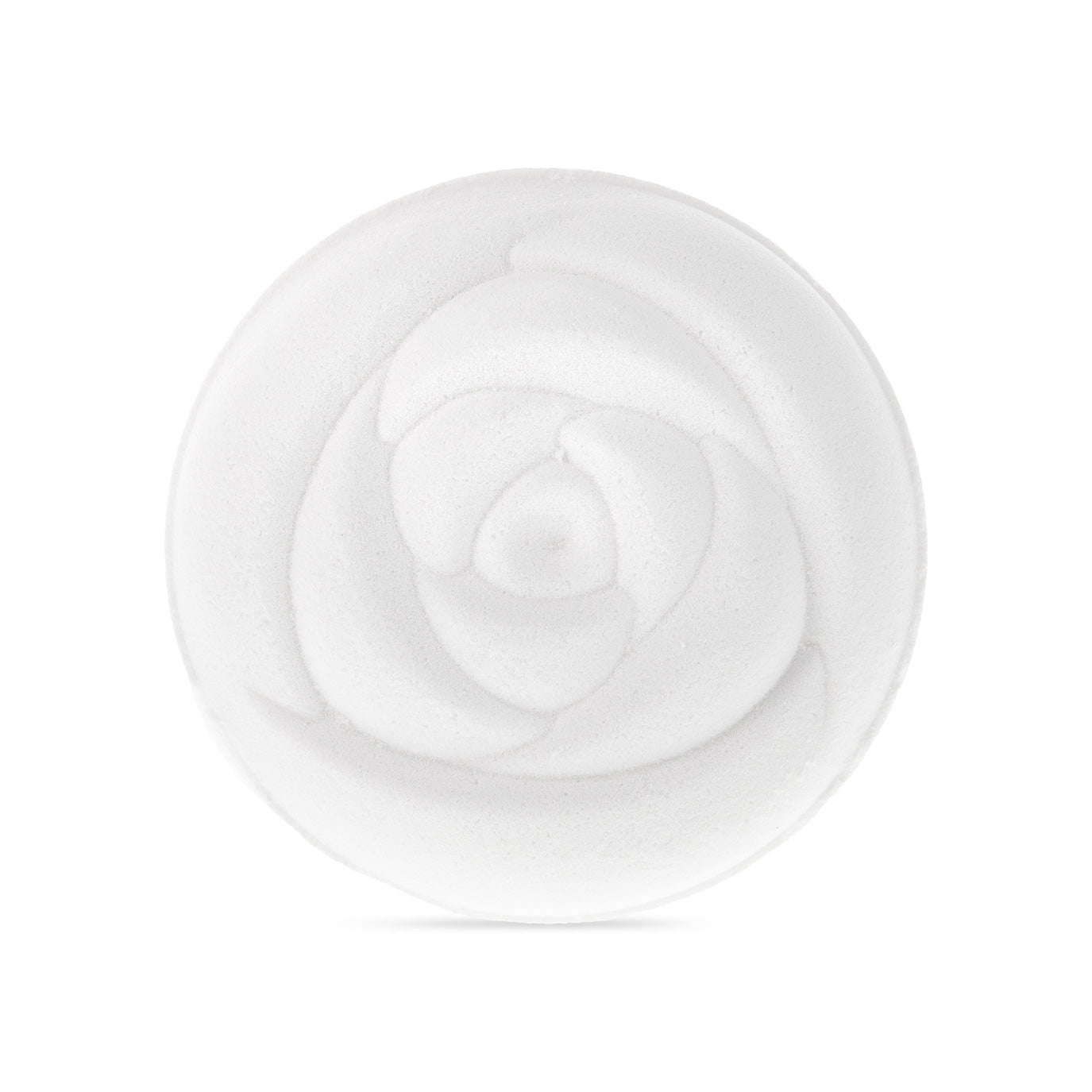 White bath bomb in the shape of a flower against a white background