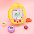 Yellow virtual pet crossbody bag with a cat on it with a pink background