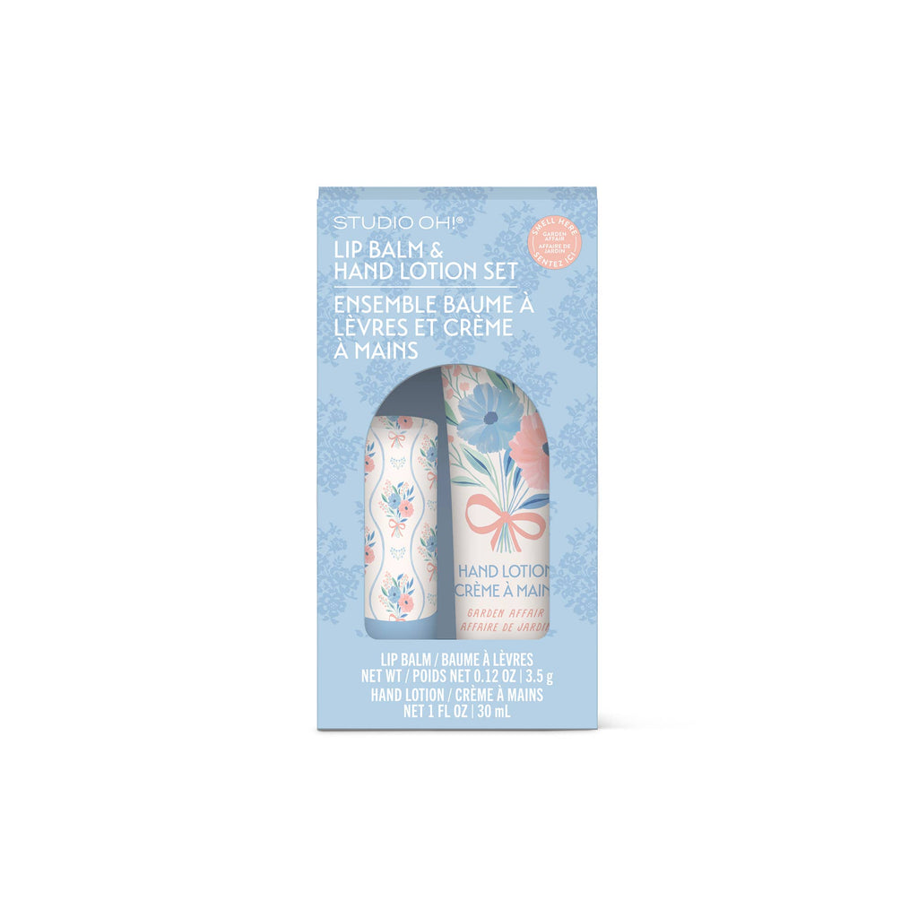 Lip balm and hand lotion set packaging on a white background