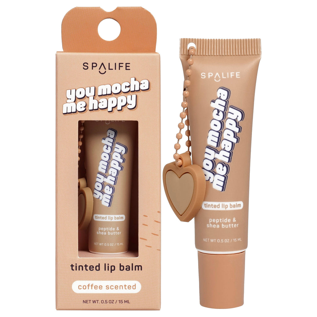 Spa Life tinted lip balm with packaging on a white background