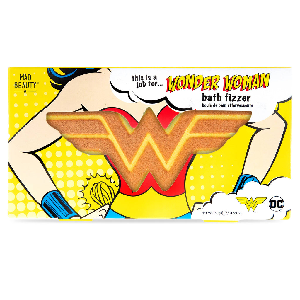 Wonder Woman bath fizzer packaging with character illustration and logo on a yellow background