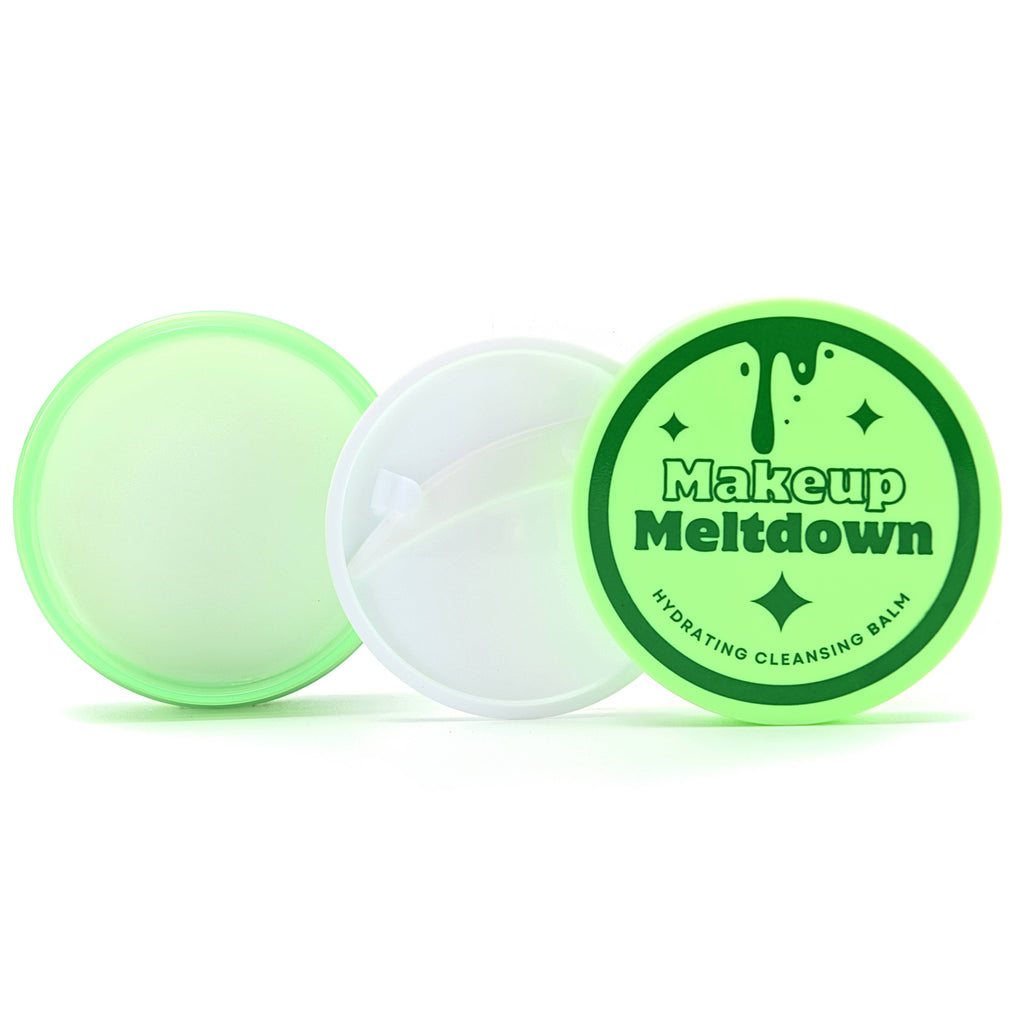 Makeup Meltdown hydrating cleansing balm with green lid on a white background