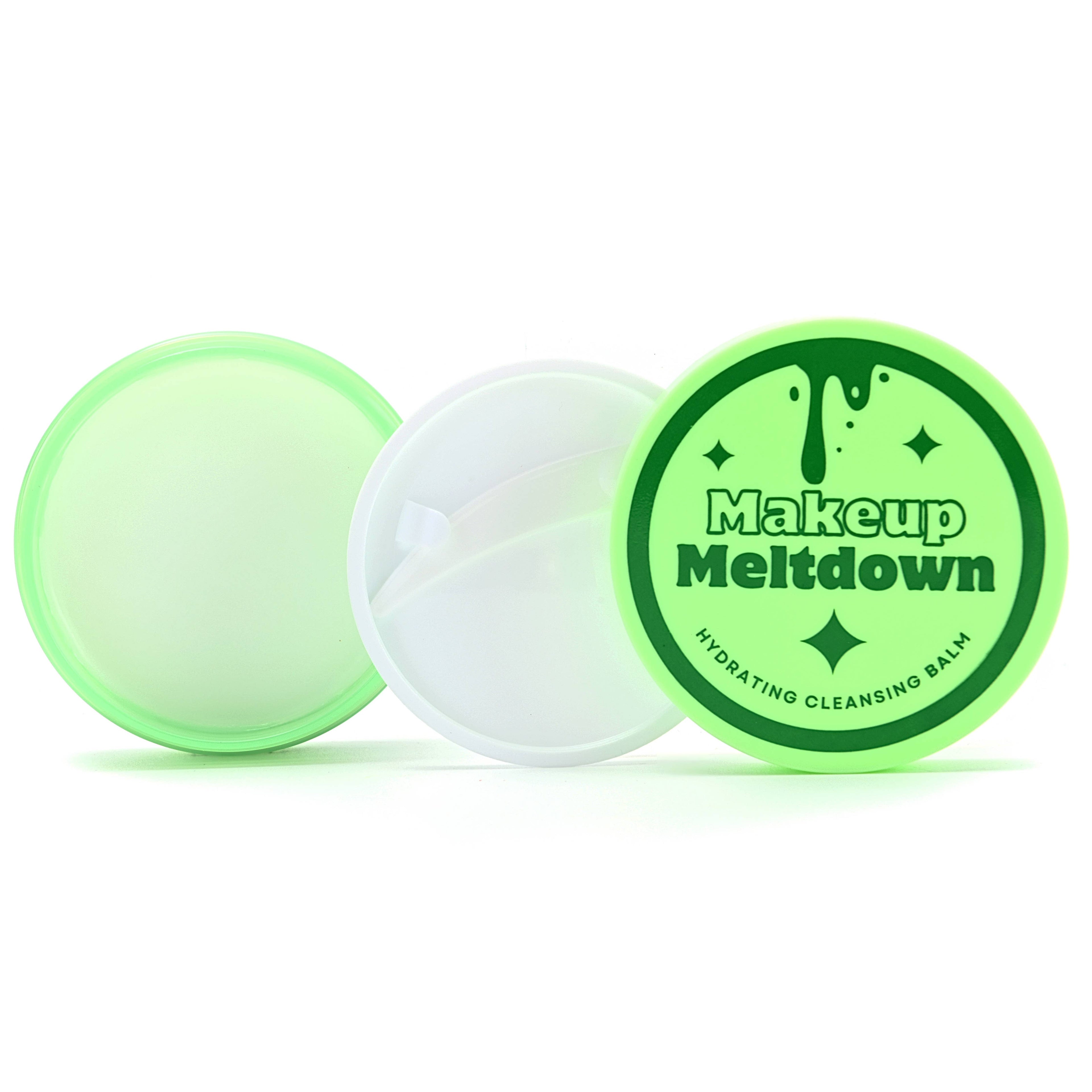 Makeup Meltdown hydrating cleansing balm with green lid on a white background
