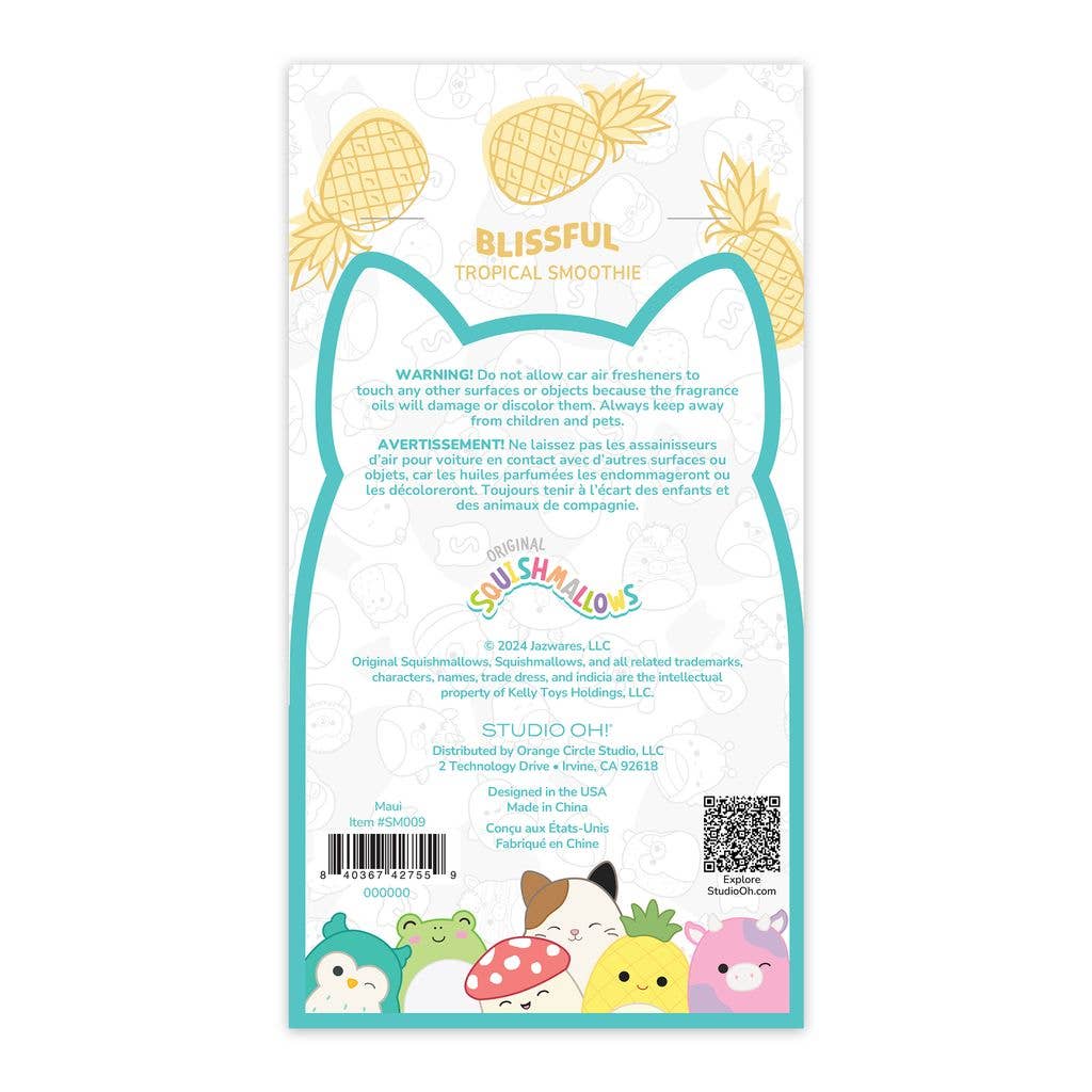 Back of a product packaging with cartoon characters and text, featuring a pineapple design.
