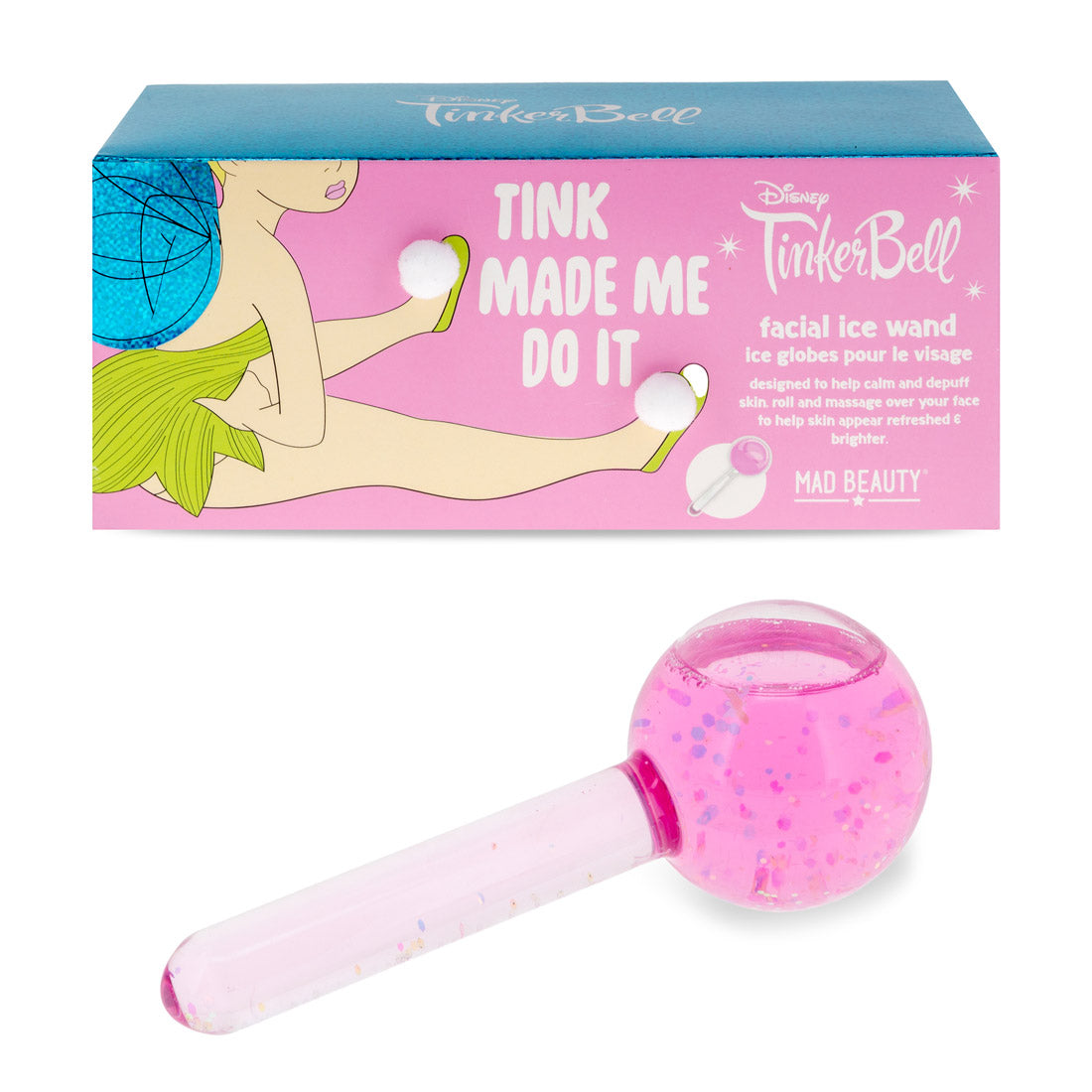 Pink facial ice wand with TinkerBell branding on a white background