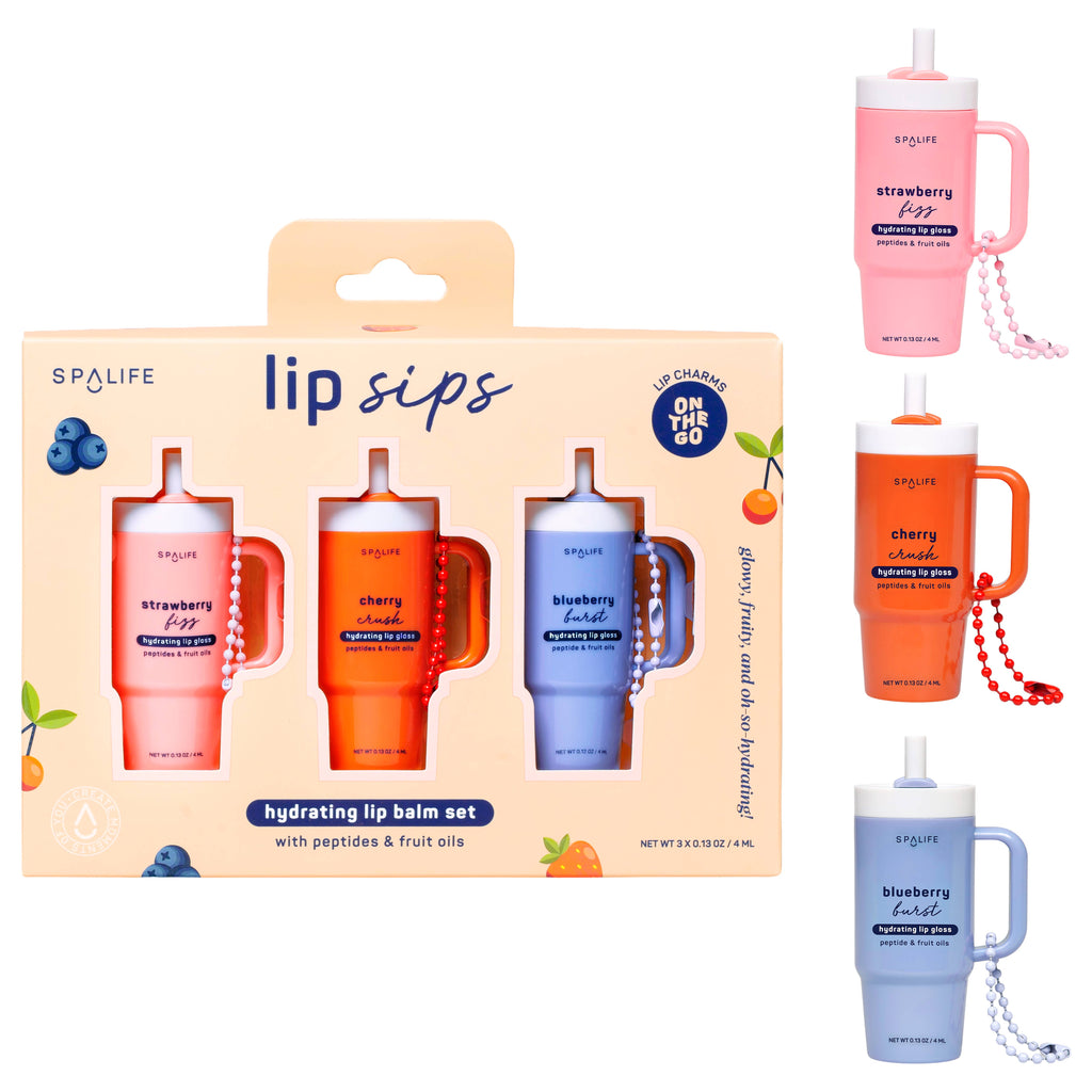 SpaLife lip balm set with colorful containers and packaging on a white background