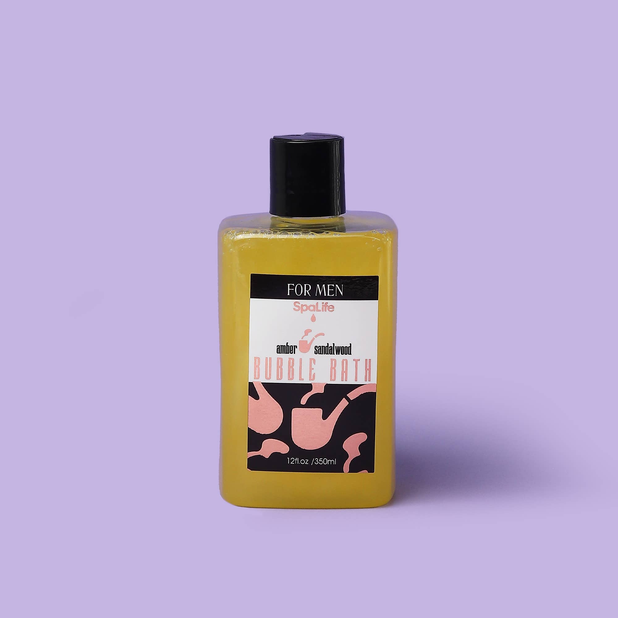 Bottle of bubble bath for men on a purple background